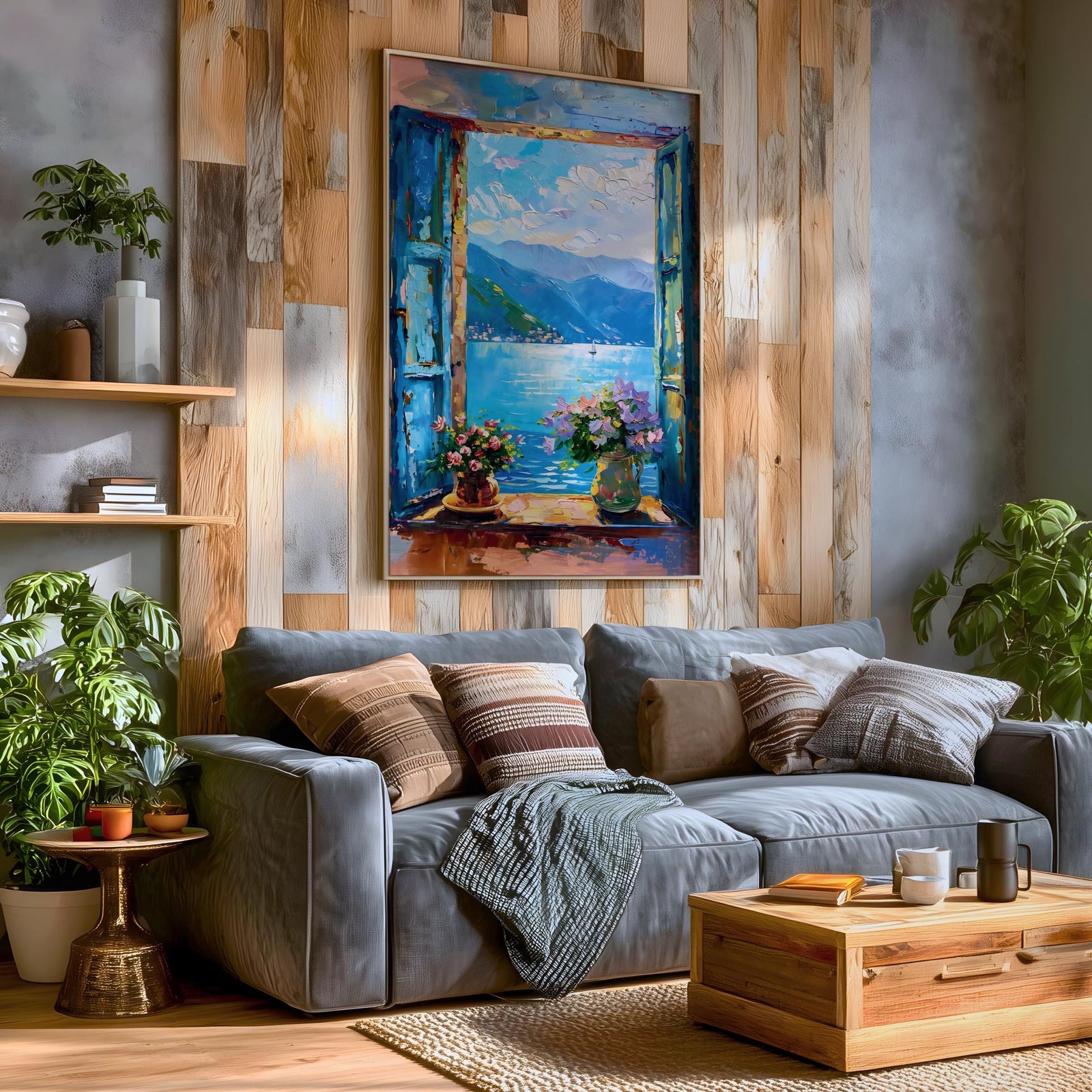 Lake Como Window Wall Art Italian Lakeside View Framed Canvas Mountain Landscape Bedroom Decor