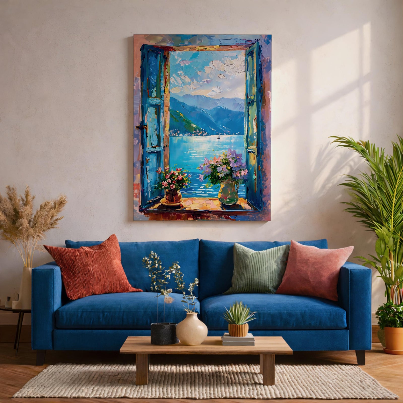 Lake Como Window Wall Art Italian Lakeside View Framed Canvas Mountain Landscape Bedroom Decor