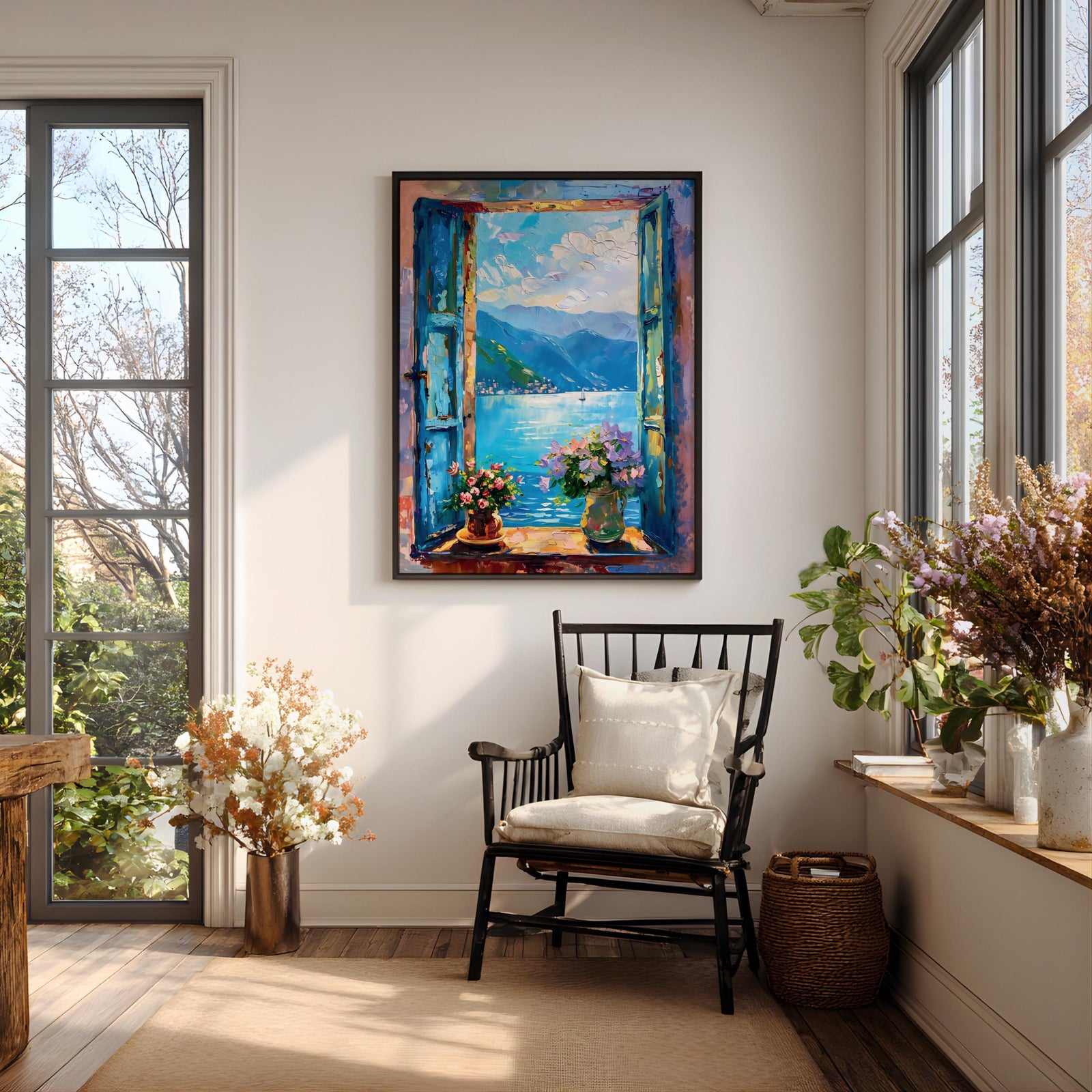 Lake Como Window Wall Art Italian Lakeside View Framed Canvas Mountain Landscape Bedroom Decor