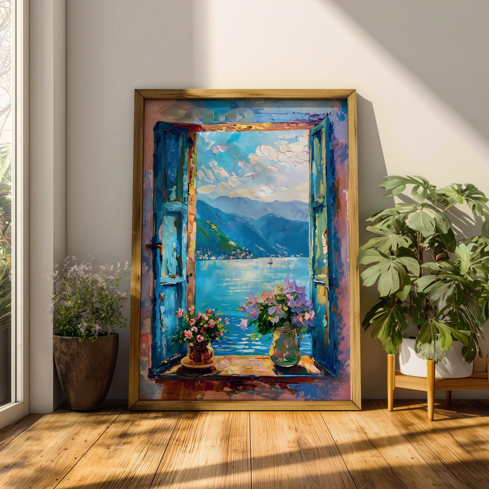 Lake Como Window Wall Art Italian Lakeside View Framed Canvas Mountain Landscape Bedroom Decor