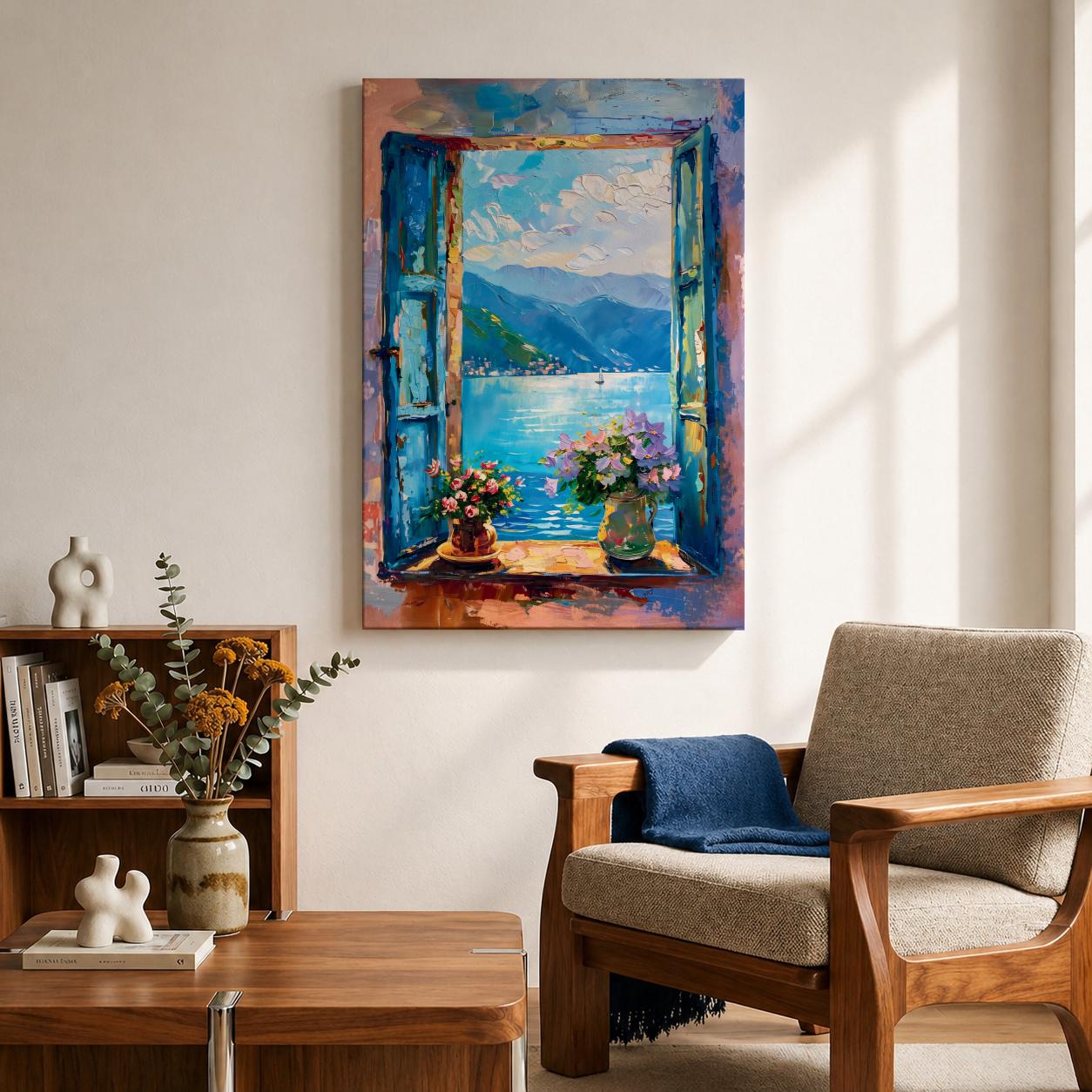 A framed impasto style painting depicting an open window overlooking Lake Como with blue shutters, vibrant flowers on the windowsill, calm water, distant mountains, and a partly cloudy sky, capturing a serene Italian coastal landscape scene in rich textured brushstrokes.