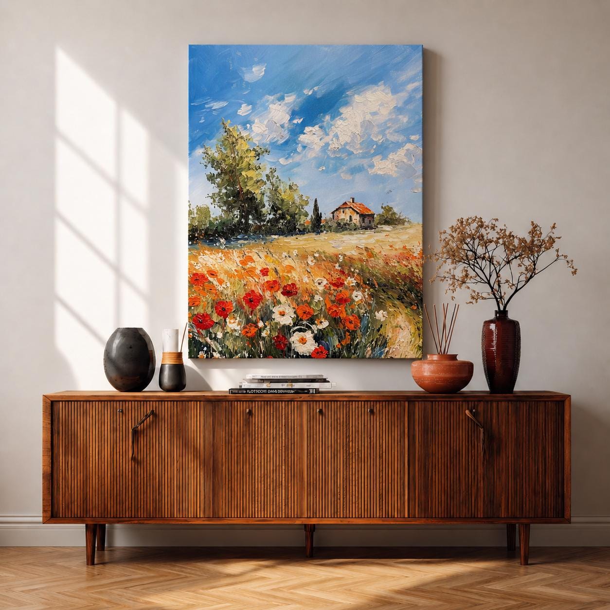 An impasto style painting depicting a vibrant Tuscan wildflower field with red and white flowers in the foreground, a rustic house with a red roof in the distance, and a bright blue sky with fluffy clouds, capturing the essence of a peaceful countryside landscape.