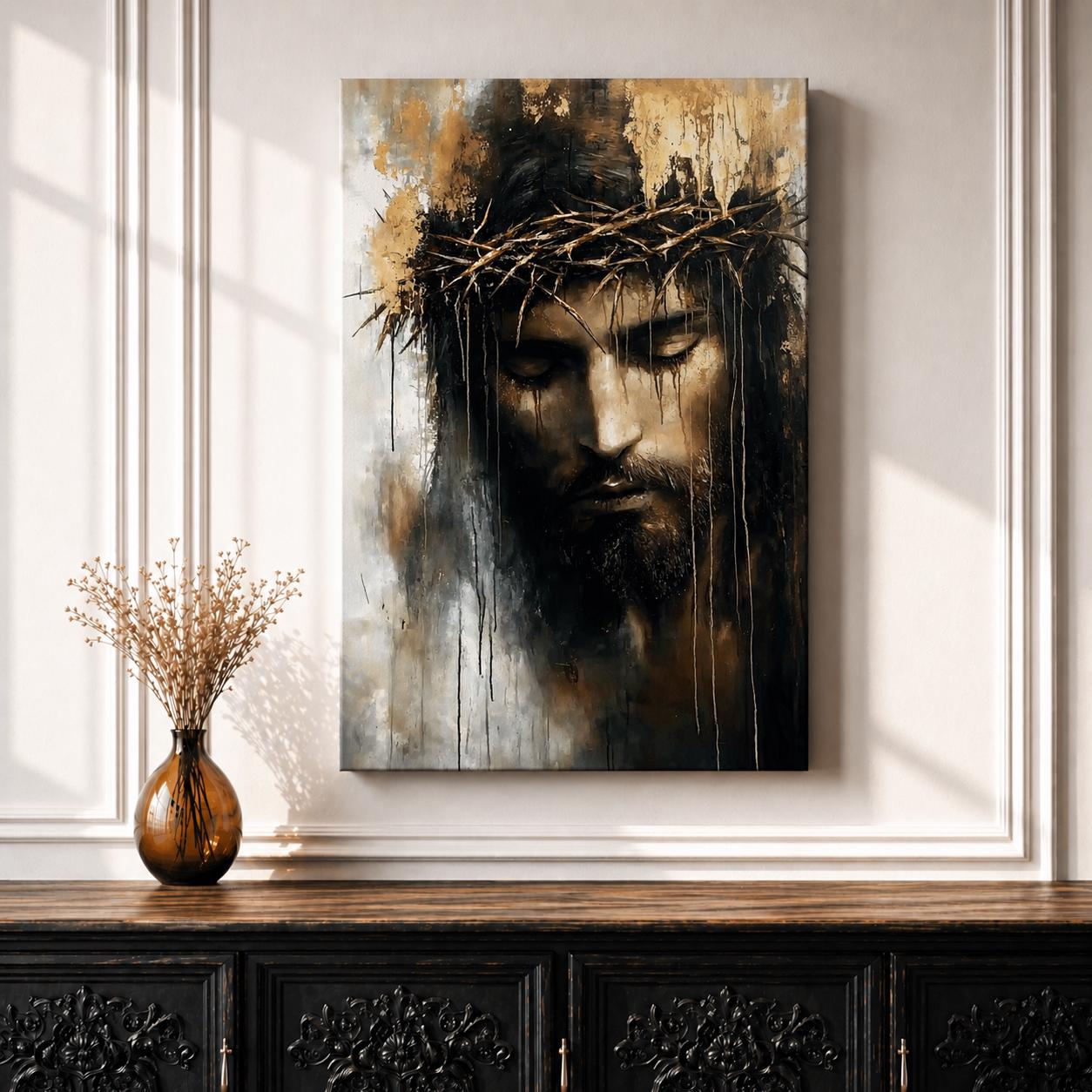 Vintage style portrait of Jesus Christ wearing a crown of thorns with head bowed and eyes closed, depicted in a dramatic dark composition with textured brushstrokes and dripping paint effects emphasizing the solemn Passion of Christ imagery and contemplative devotional mood.