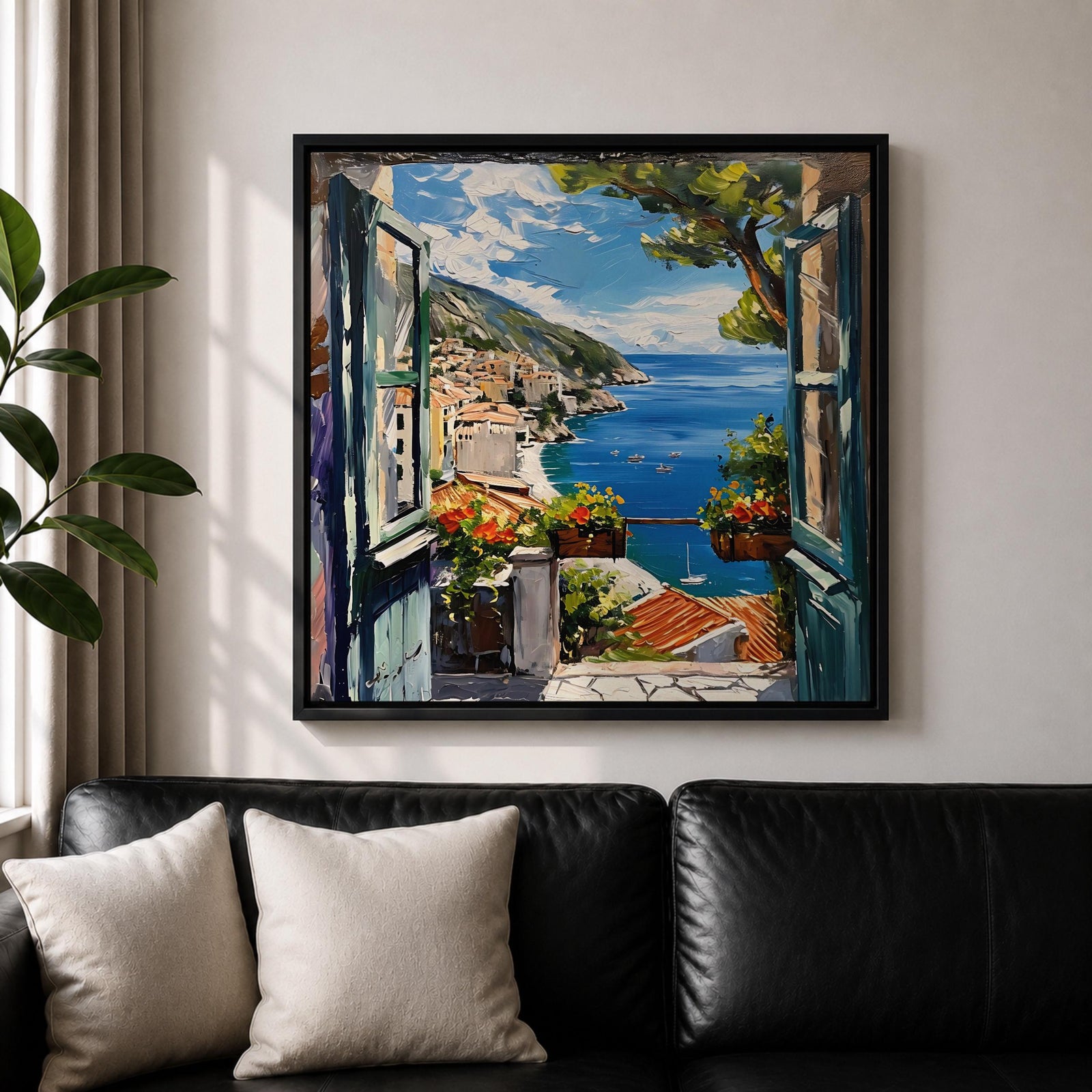 Mediterranean Balcony View Wall Art Coastal Window Framed Canvas Seaside Landscape Living Room Decor