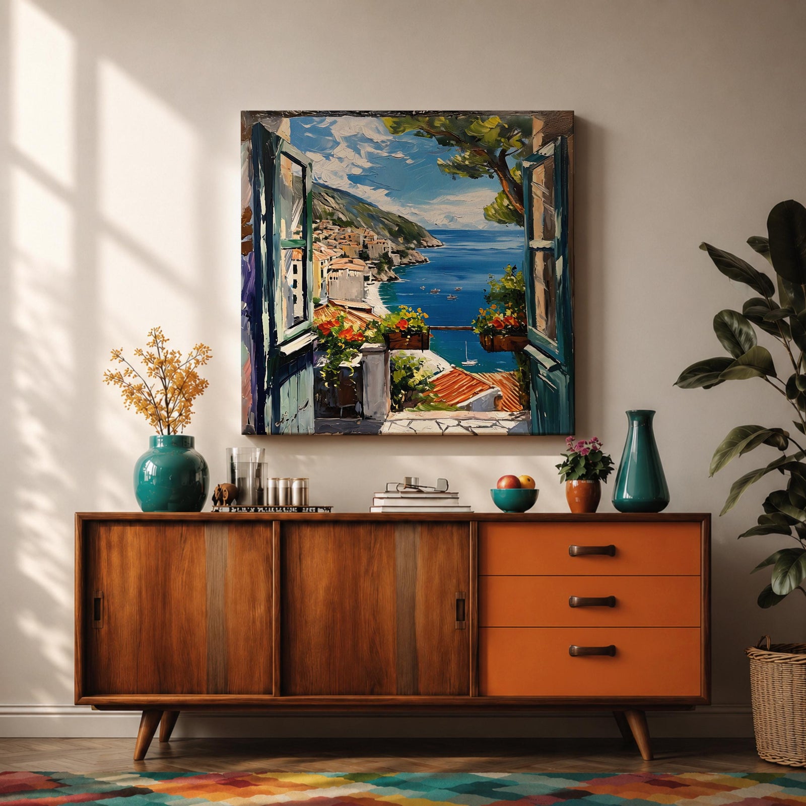 Mediterranean Balcony View Wall Art Coastal Window Framed Canvas Seaside Landscape Living Room Decor