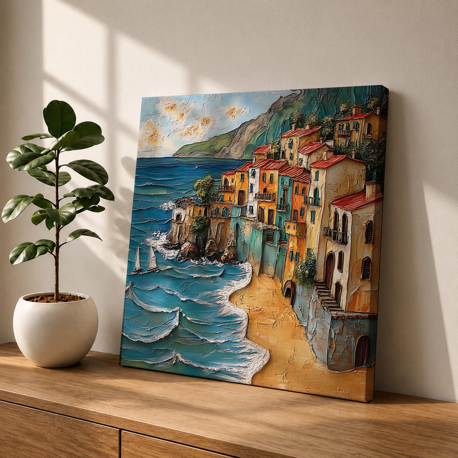 Mediterranean Coastal Village Wall Art Seaside Town Framed Canvas Beach Landscape Living Room Decor
