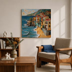 Mediterranean Coastal Village Wall Art Seaside Town Framed Canvas Beach Landscape Living Room Decor