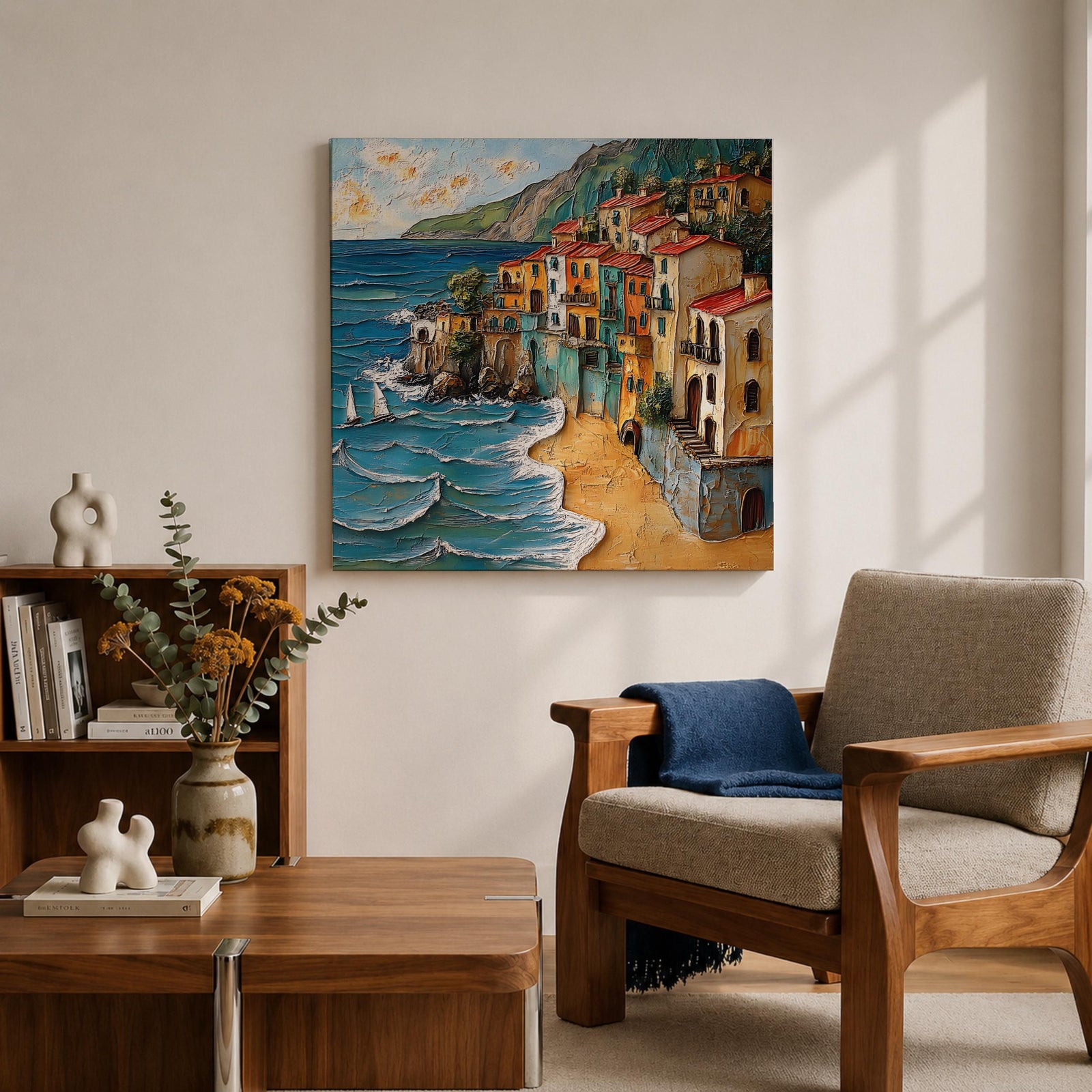 Mediterranean Coastal Village Wall Art Seaside Town Framed Canvas Beach Landscape Living Room Decor