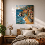 Mediterranean Coastal Village Wall Art Seaside Town Framed Canvas Beach Landscape Living Room Decor