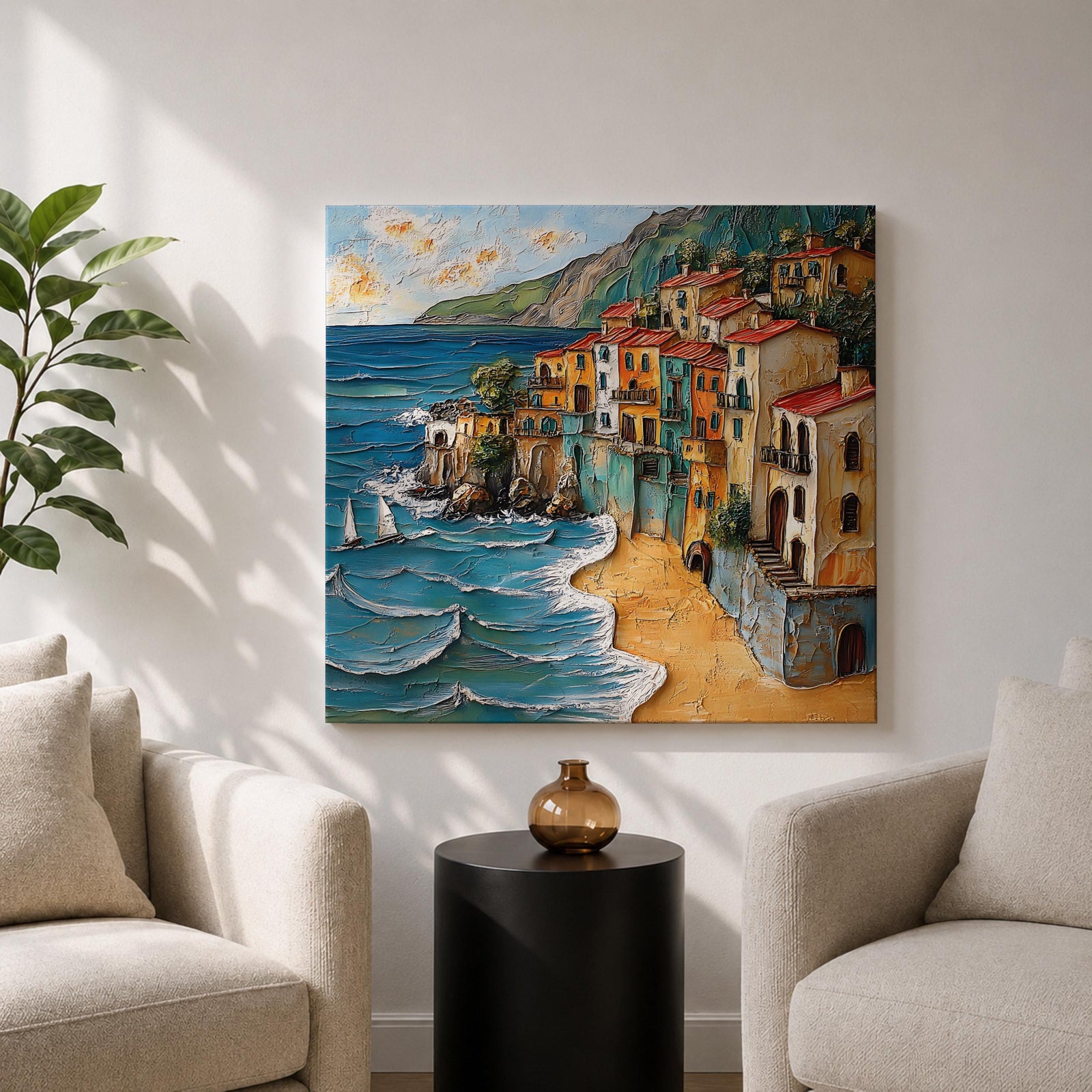 Mediterranean Coastal Village Wall Art Seaside Town Framed Canvas Beach Landscape Living Room Decor