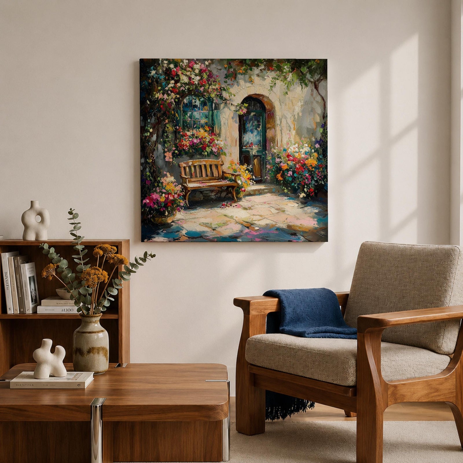 Mediterranean Courtyard Wall Art Italian Patio Framed Canvas Floral Garden Rustic Home Decor