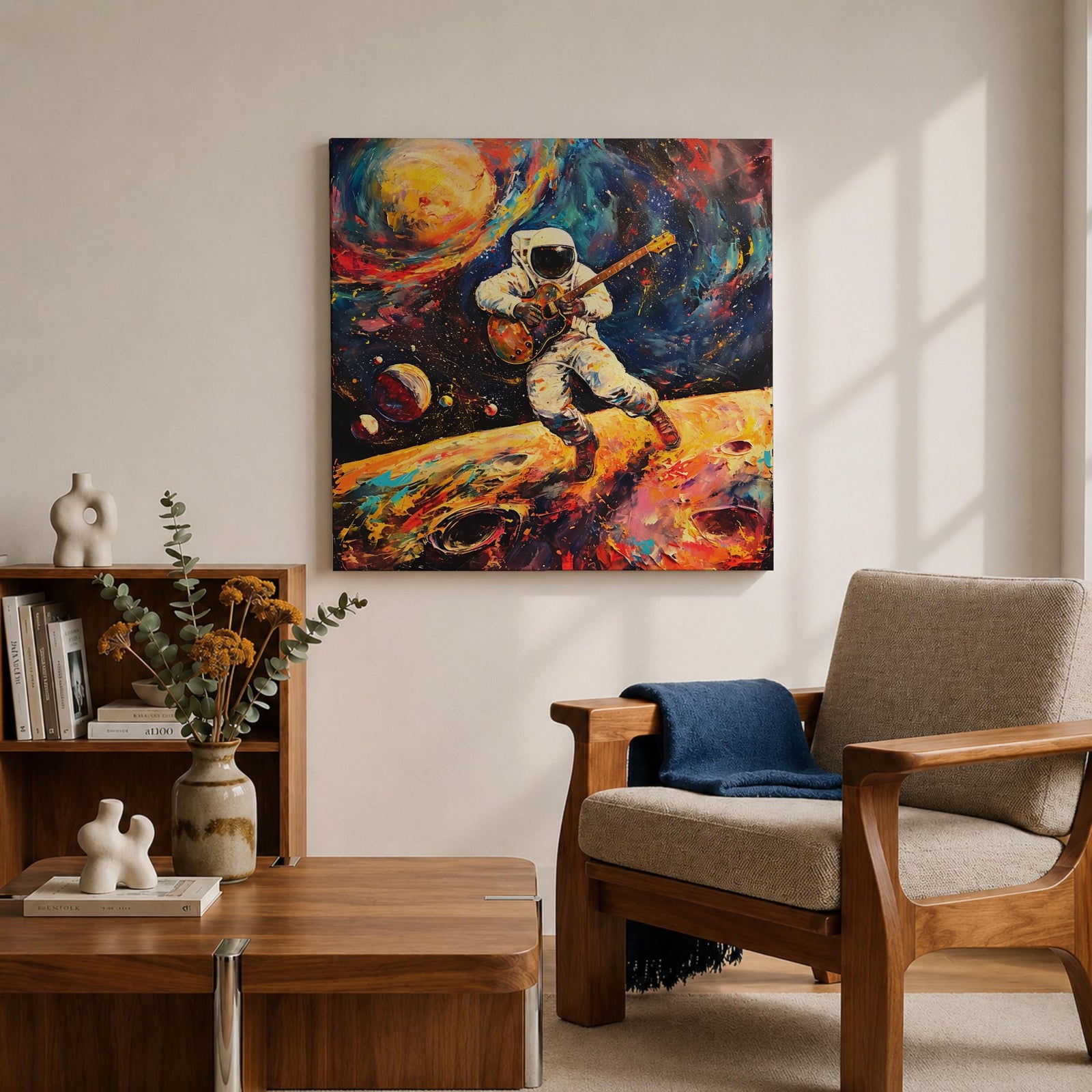 Astronaut Wall Art Space Guitarist Framed Canvas Guitar Player Impasto Music Studio Decor
