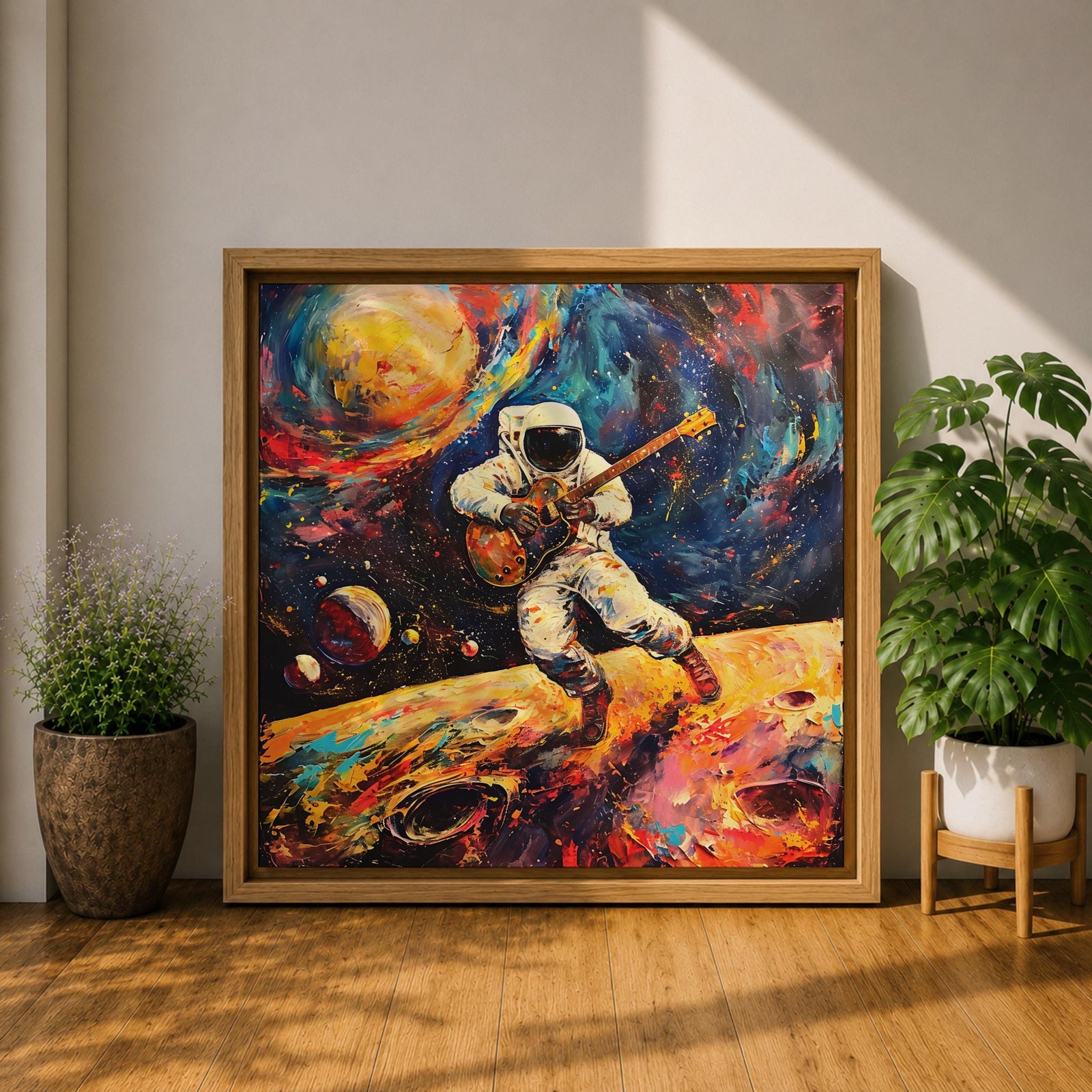 Astronaut Wall Art Space Guitarist Framed Canvas Guitar Player Impasto Music Studio Decor
