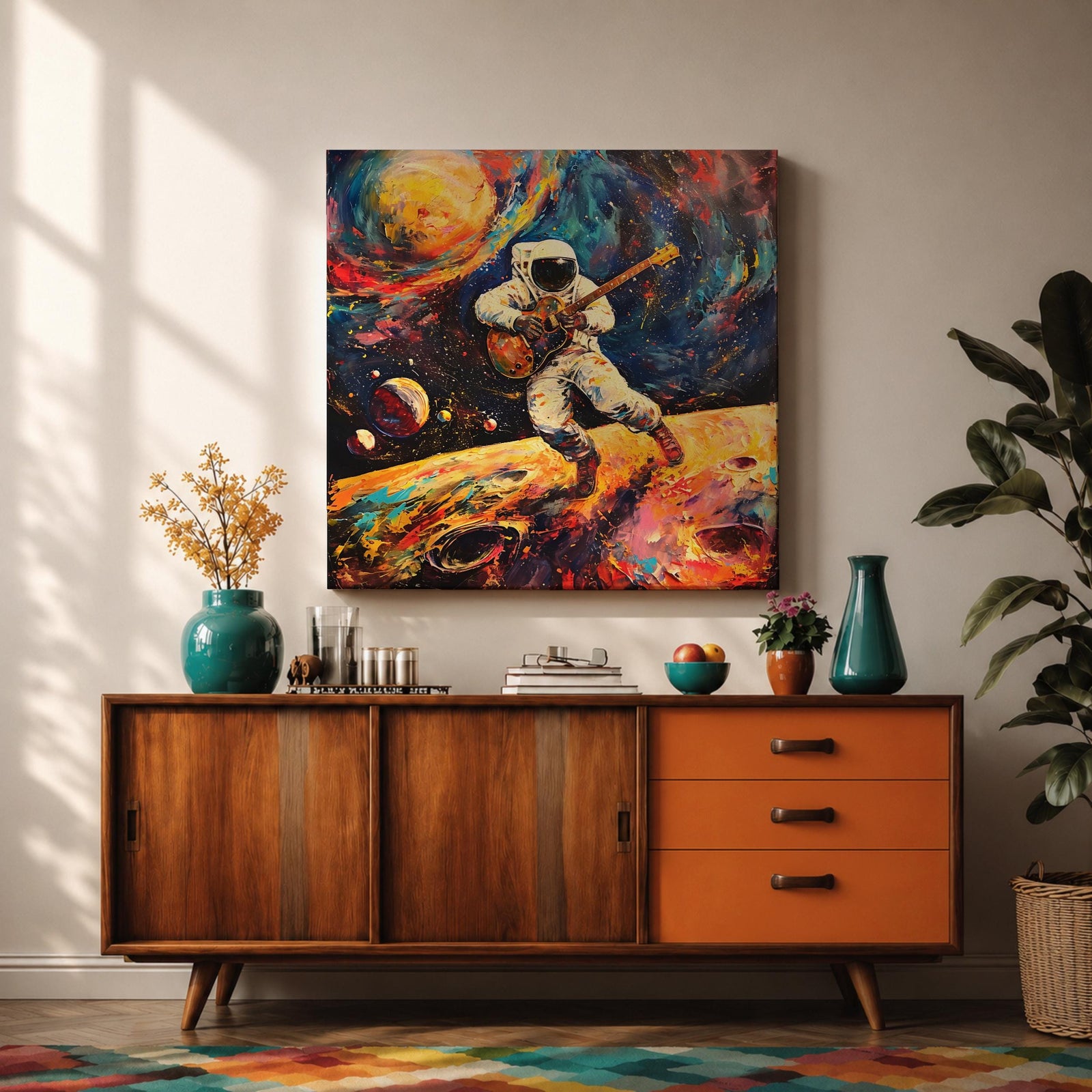 Astronaut Wall Art Space Guitarist Framed Canvas Guitar Player Impasto Music Studio Decor