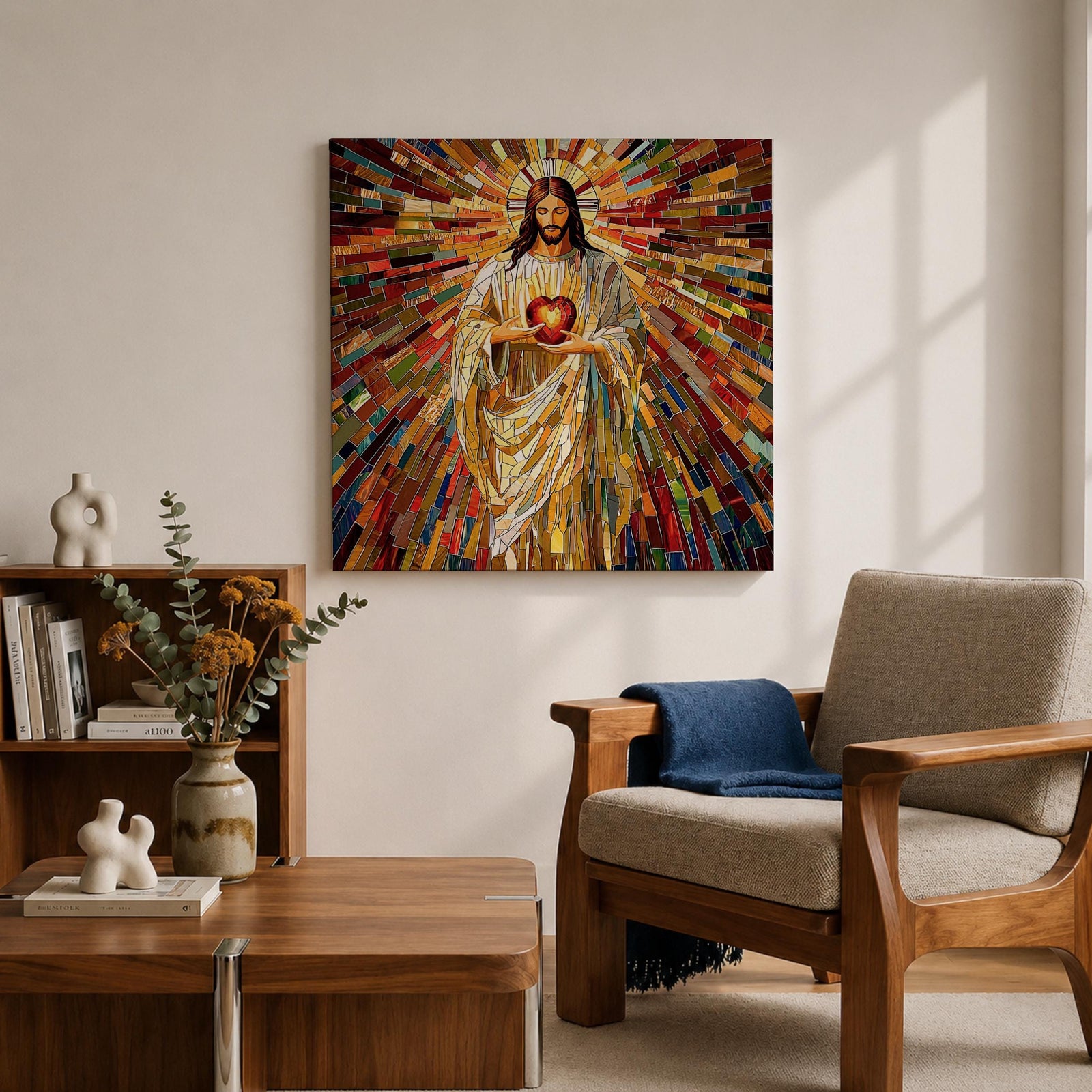 Sacred Heart of Jesus Wall Art Holy Redeemer Framed Canvas Mosaic Catholic Home Decor