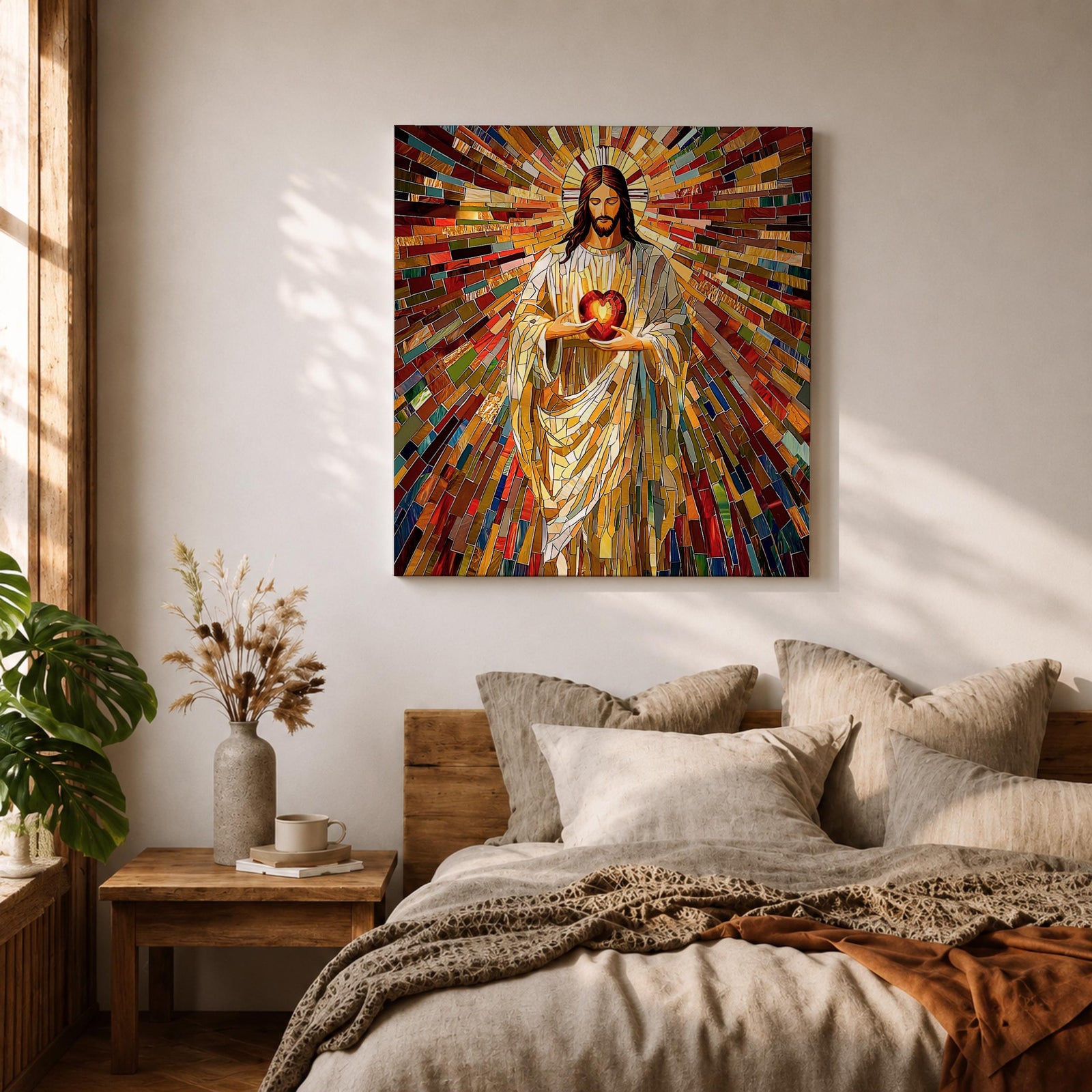 Sacred Heart of Jesus Wall Art Holy Redeemer Framed Canvas Mosaic Catholic Home Decor