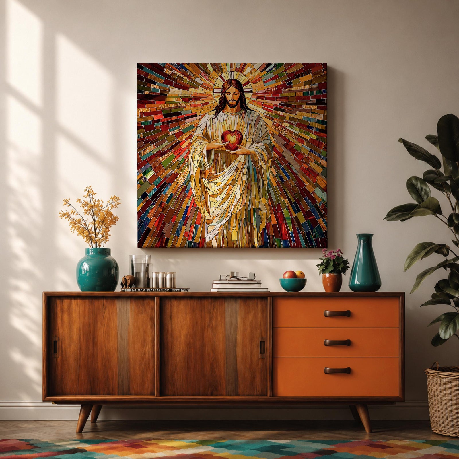 Sacred Heart of Jesus Wall Art Holy Redeemer Framed Canvas Mosaic Catholic Home Decor