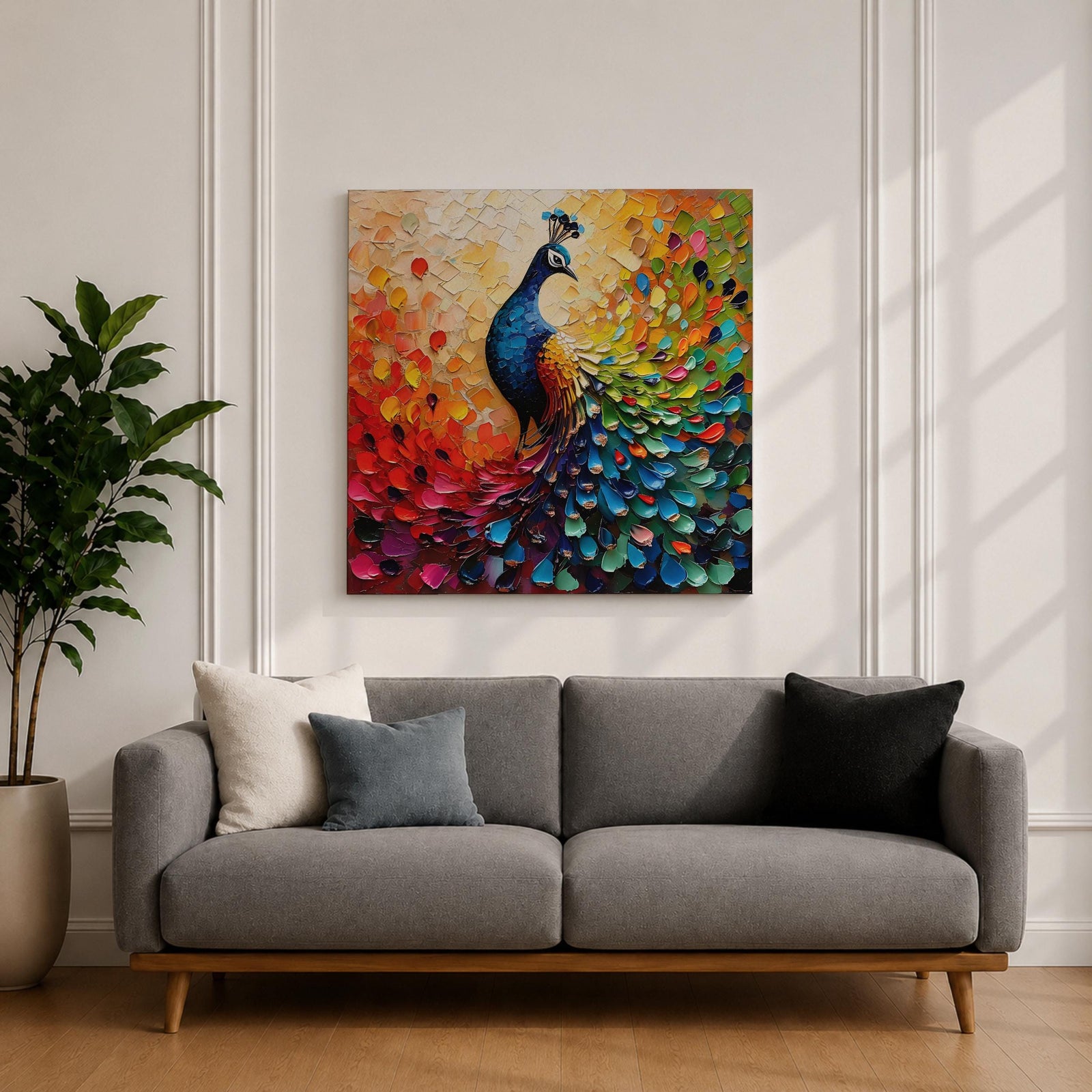 Peacock Wall Art Exotic Bird Framed Canvas Tropical Impasto Boho Nature Home Decor