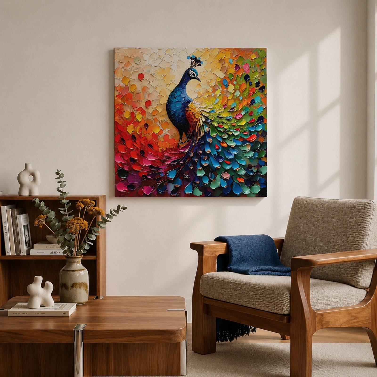 Peacock Wall Art Exotic Bird Framed Canvas Tropical Impasto Boho Nature Home Decor