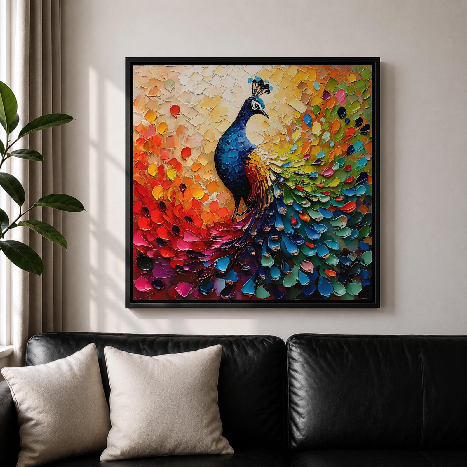 Peacock Wall Art Exotic Bird Framed Canvas Tropical Impasto Boho Nature Home Decor