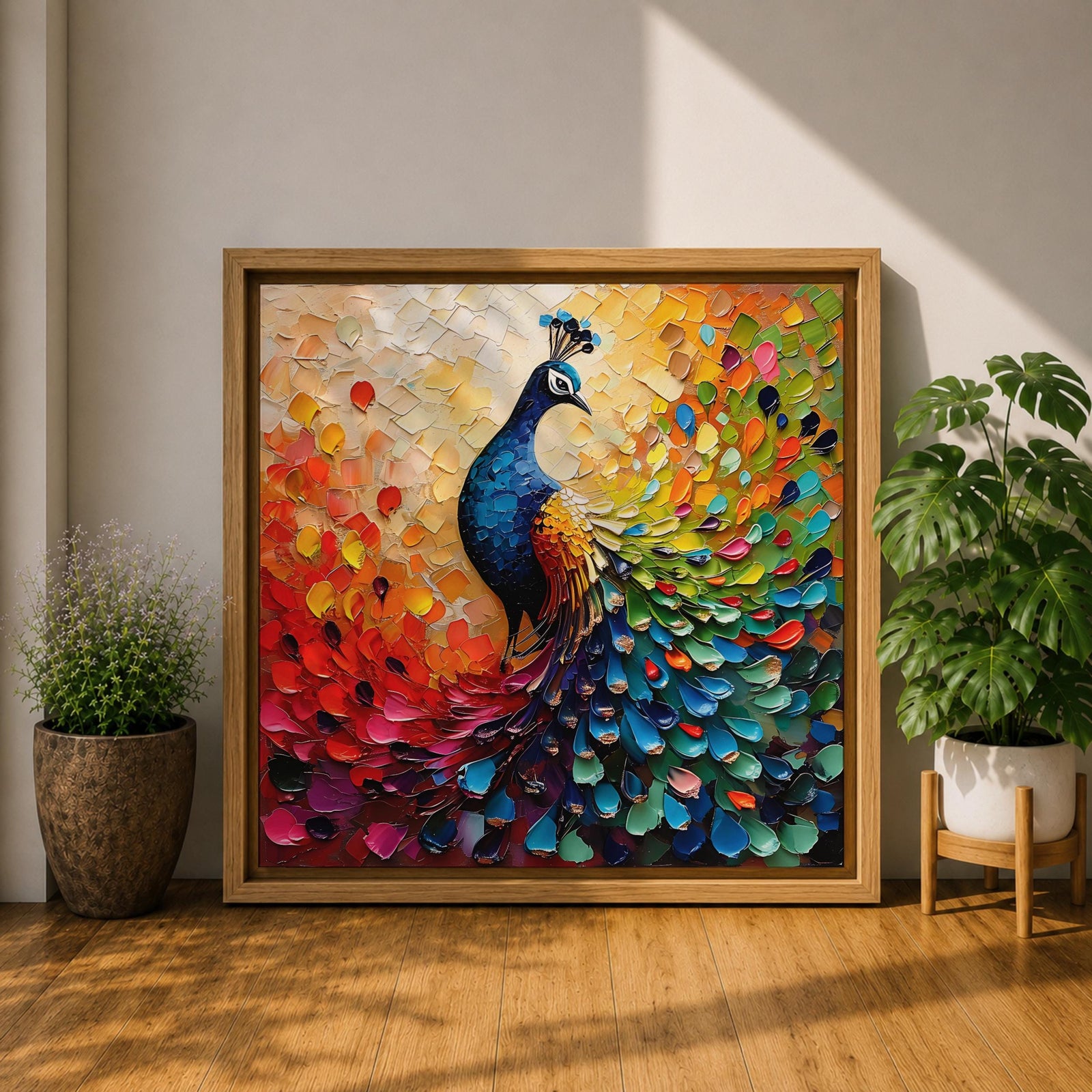 Peacock Wall Art Exotic Bird Framed Canvas Tropical Impasto Boho Nature Home Decor