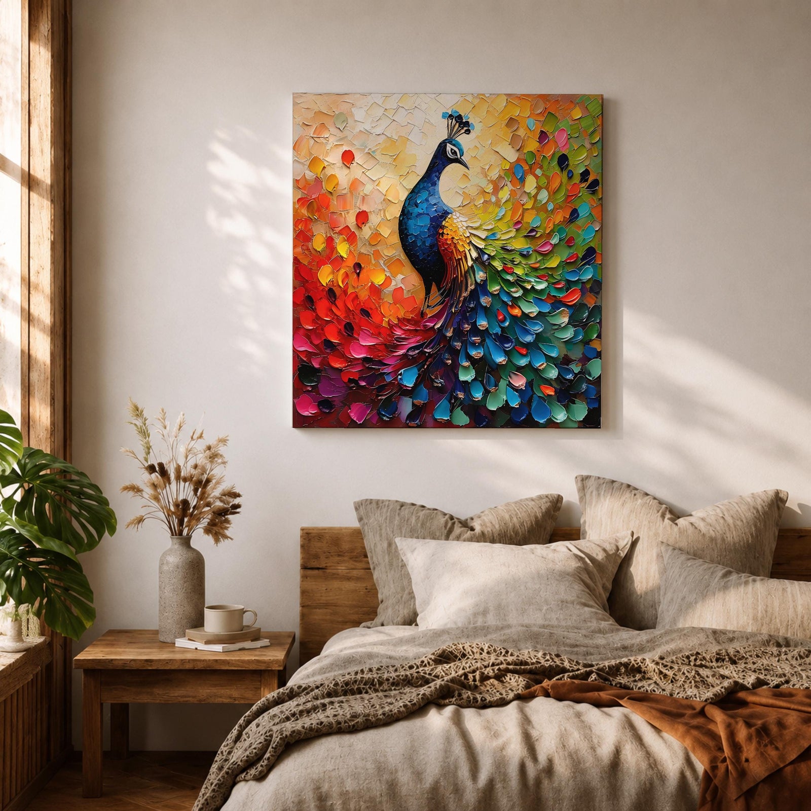 Peacock Wall Art Exotic Bird Framed Canvas Tropical Impasto Boho Nature Home Decor