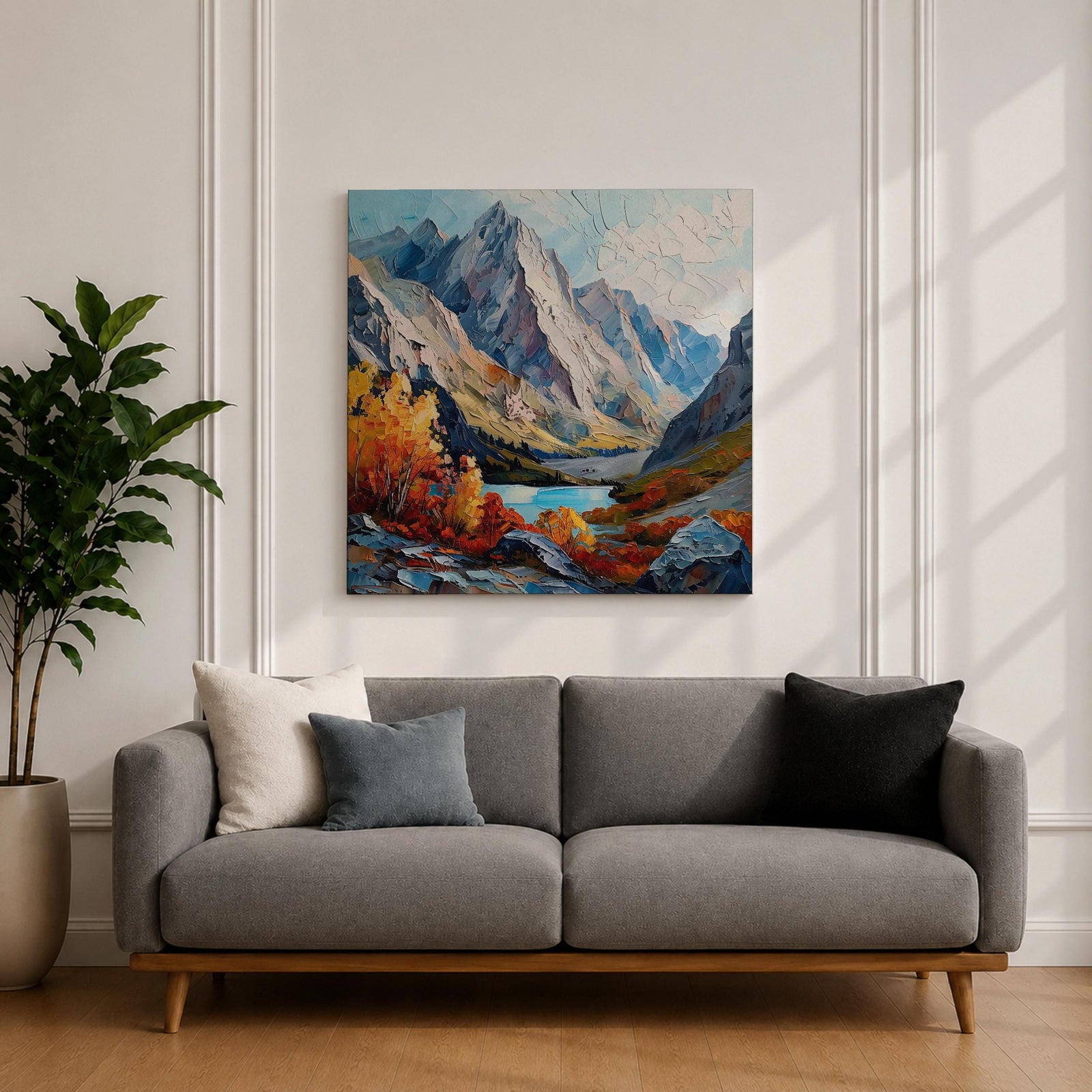 Autumn Mountain Wall Art Fall Scenery Framed Canvas Impasto Landscape Rustic Cabin Home Decor