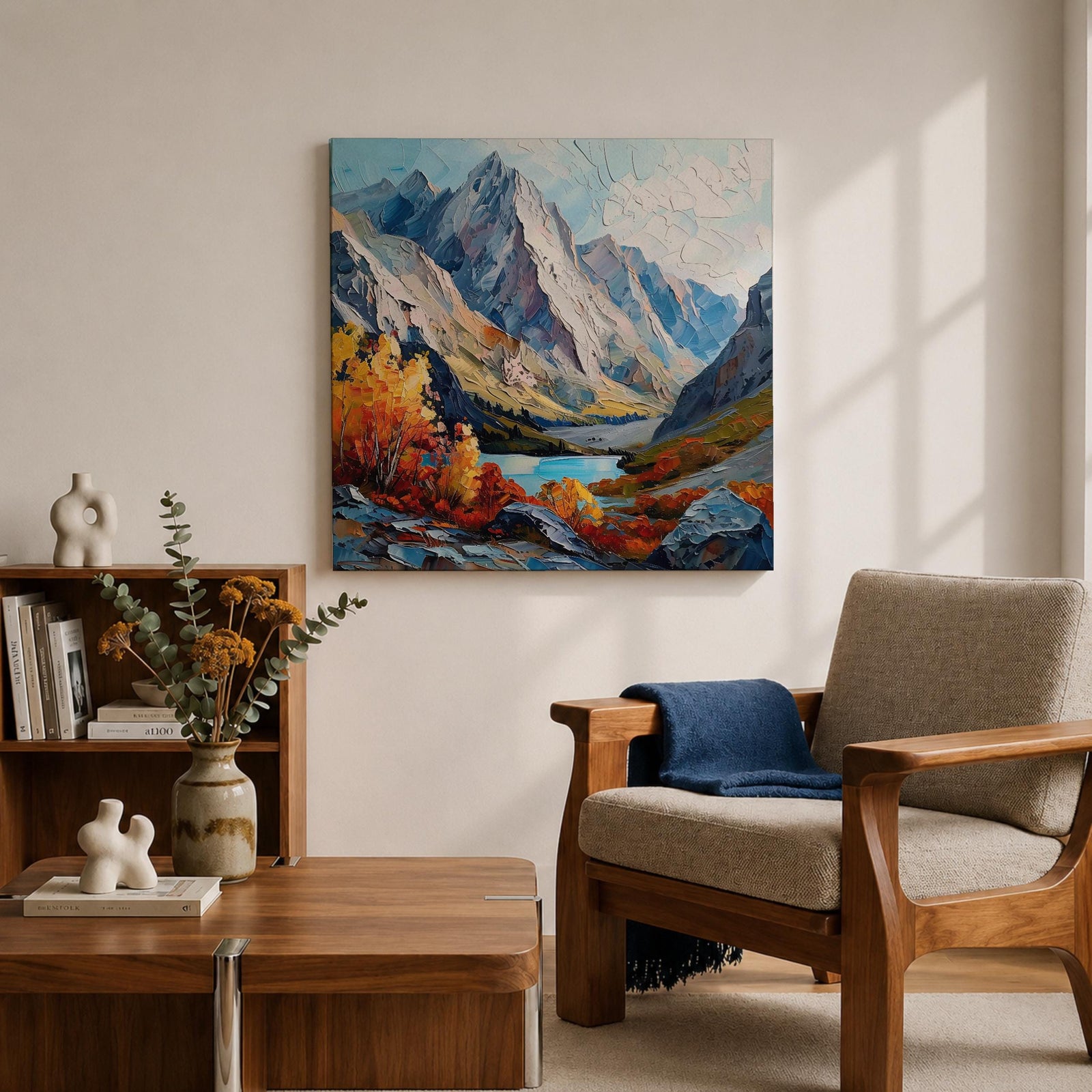 Autumn Mountain Wall Art Fall Scenery Framed Canvas Impasto Landscape Rustic Cabin Home Decor