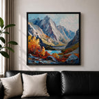 Autumn Mountain Wall Art Fall Scenery Framed Canvas Impasto Landscape Rustic Cabin Home Decor