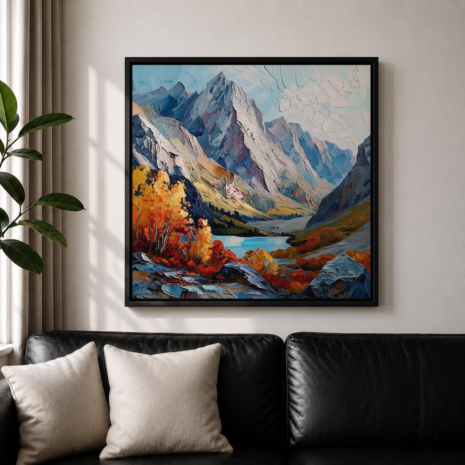 Autumn Mountain Wall Art Fall Scenery Framed Canvas Impasto Landscape Rustic Cabin Home Decor