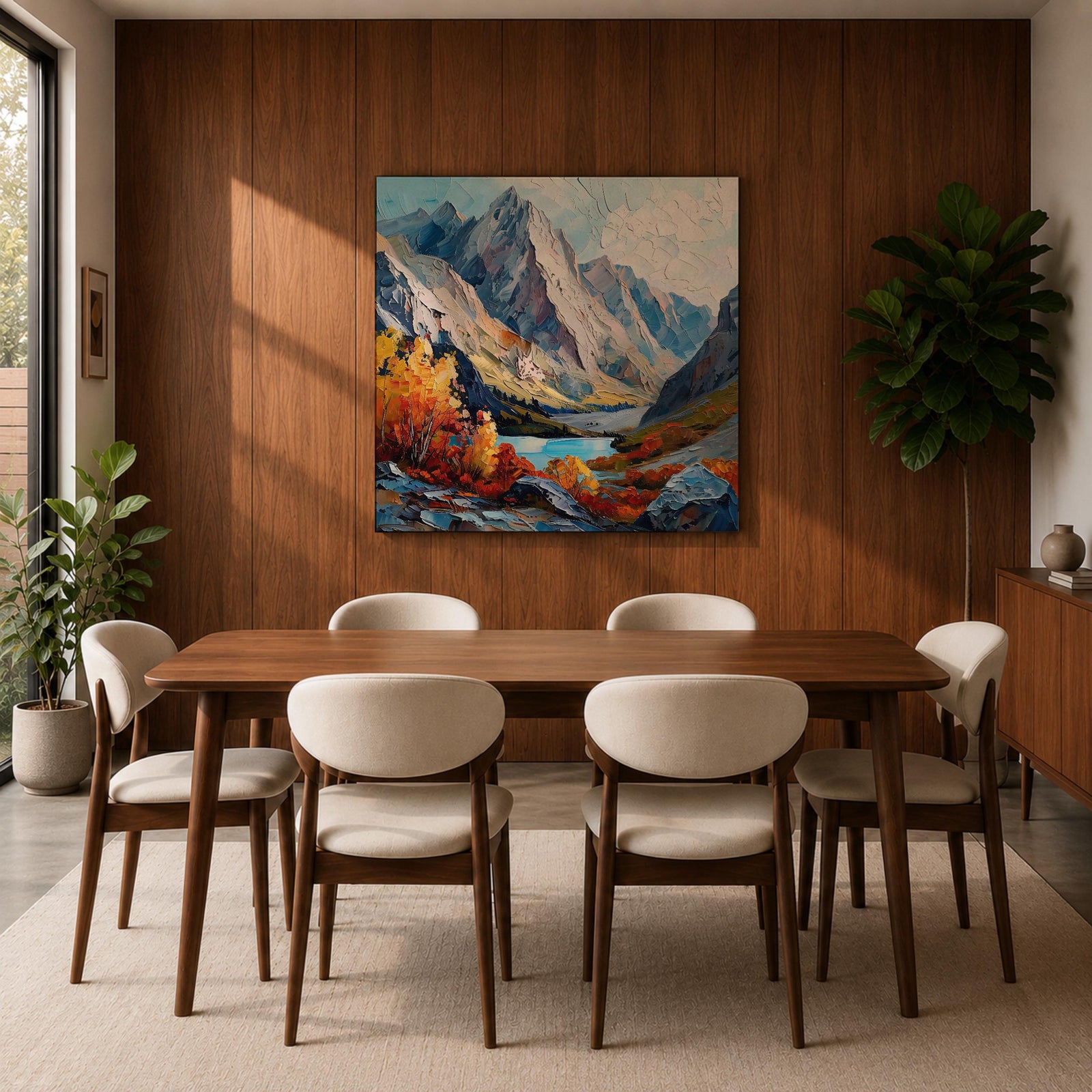 Autumn Mountain Wall Art Fall Scenery Framed Canvas Impasto Landscape Rustic Cabin Home Decor