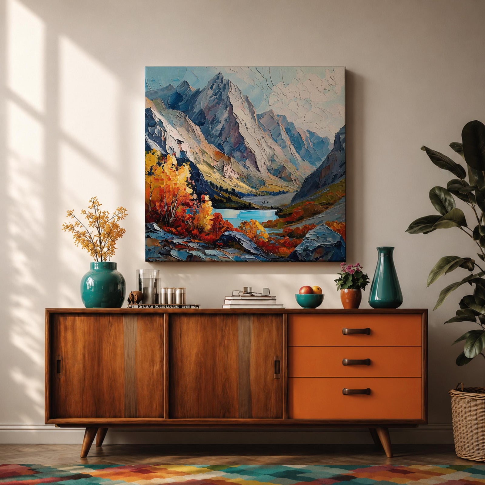 Autumn Mountain Wall Art Fall Scenery Framed Canvas Impasto Landscape Rustic Cabin Home Decor