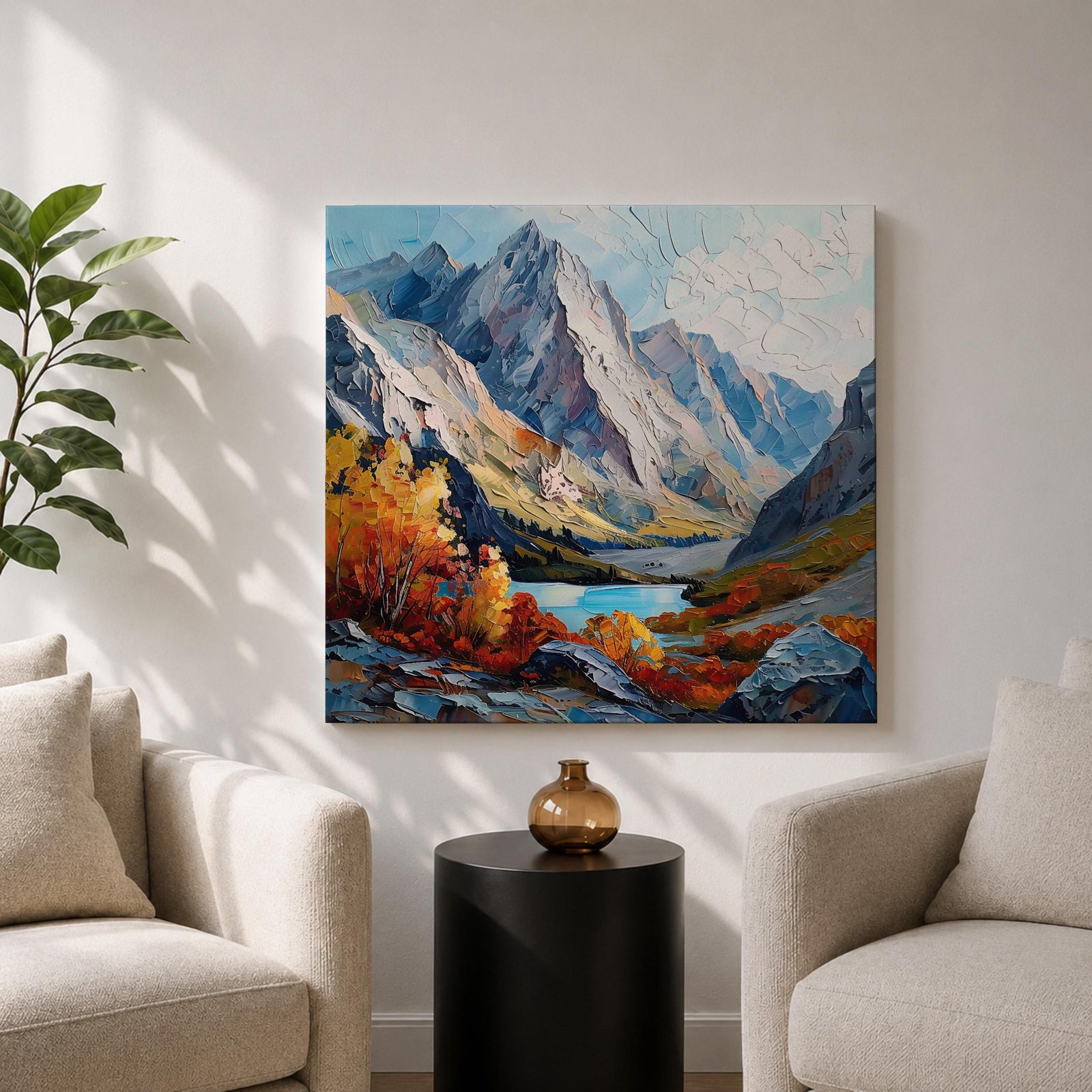 Autumn Mountain Wall Art Fall Scenery Framed Canvas Impasto Landscape Rustic Cabin Home Decor