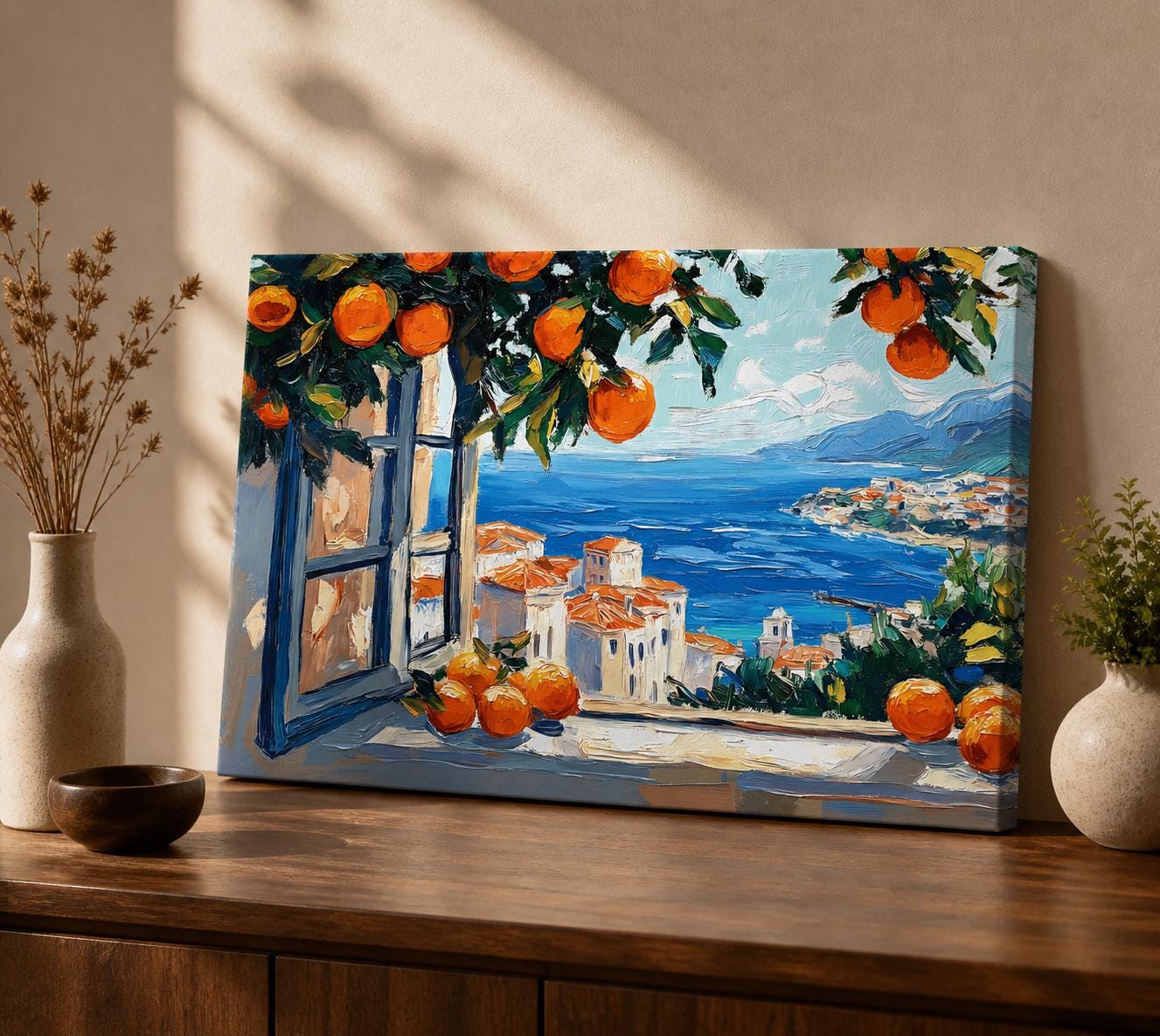 An impasto style painting depicting a Mediterranean window framed by vibrant orange trees overlooking a coastal landscape with white buildings and a deep blue sea under a partly cloudy sky, capturing the textured brushstrokes and vivid colors of the scene.