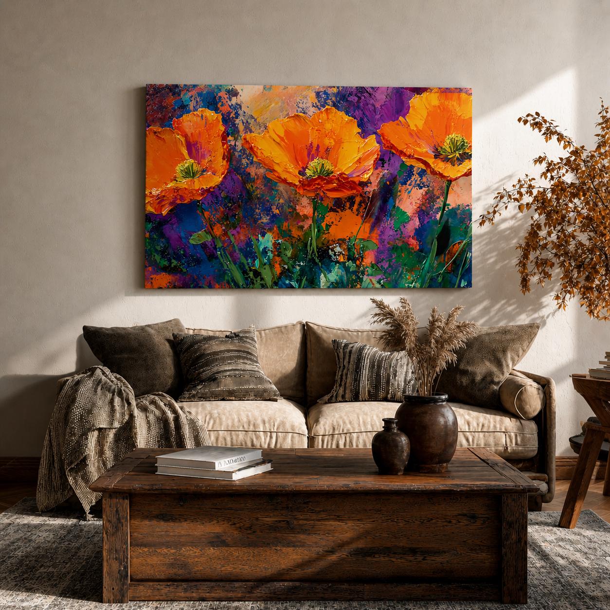 This artwork features vibrant poppy flowers rendered in thick impasto oil paint strokes, emphasizing texture and color depth. The composition highlights three large orange poppies against a dynamic, colorful background with abstract botanical elements, creating a lively and textured floral canvas.
