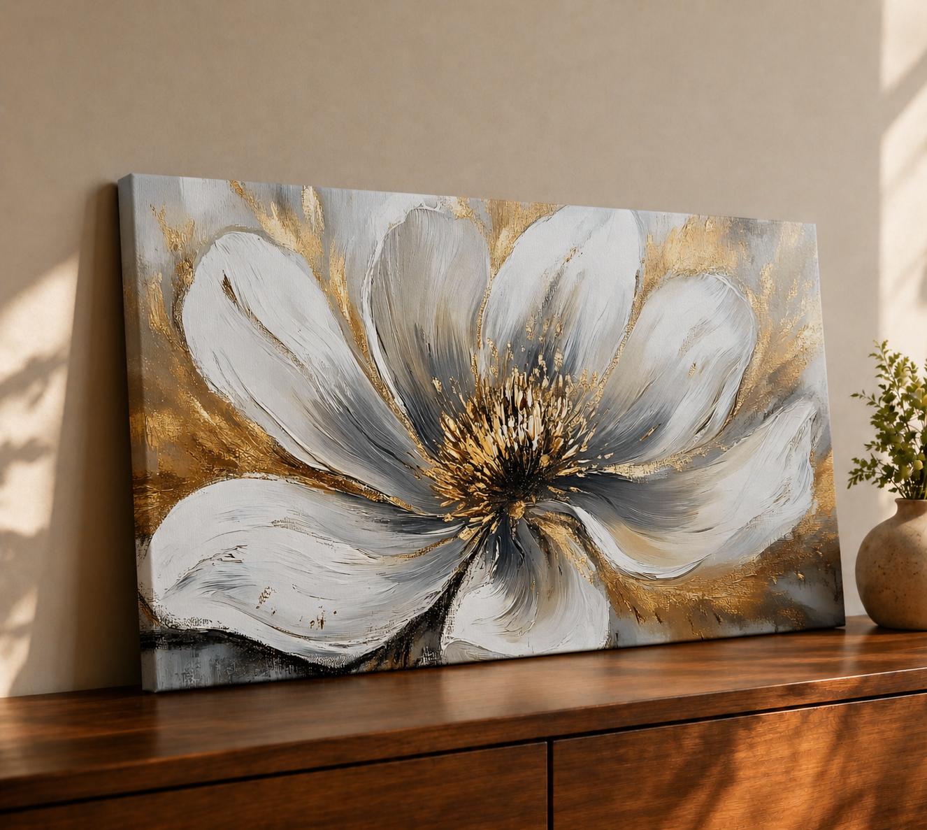 A detailed vintage-style oil painting of a large white flower with textured petals and golden accents, rendered in a botanical floral theme with visible brush strokes and rich impasto technique, framed in wood, emphasizing natural beauty and classic floral art.