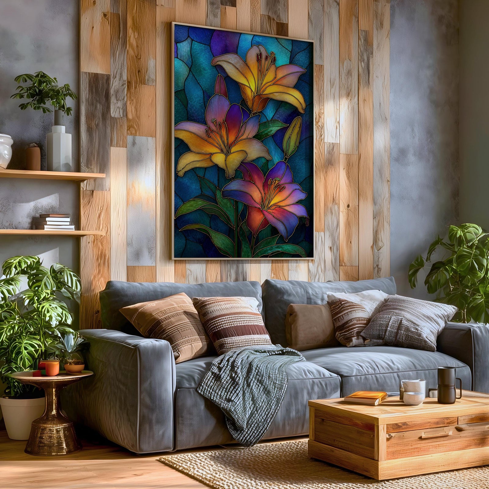 Lilies Wall Art Lily Flower Framed Canvas Stained Glass Mosaic Botanical Home Decor