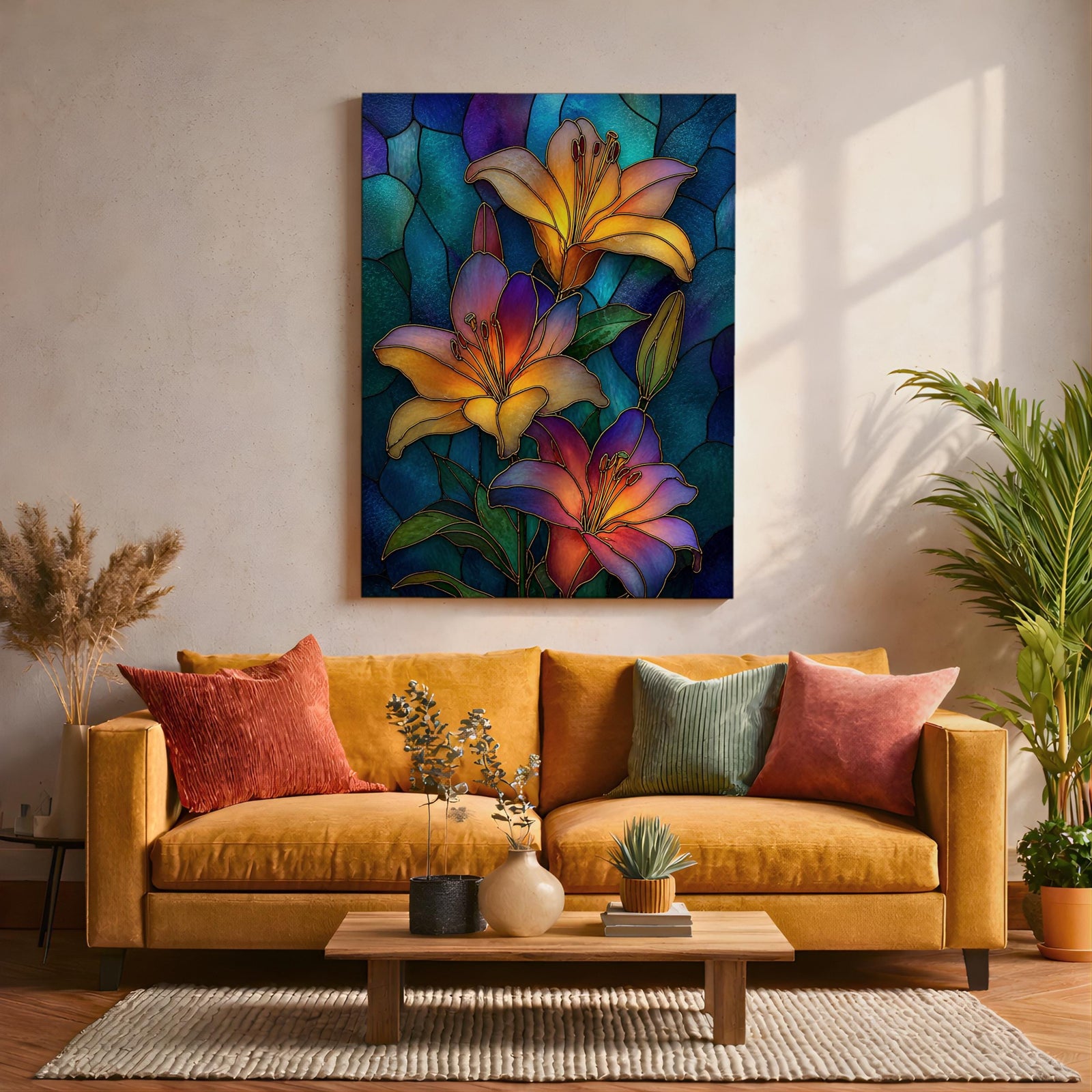 Lilies Wall Art Lily Flower Framed Canvas Stained Glass Mosaic Botanical Home Decor