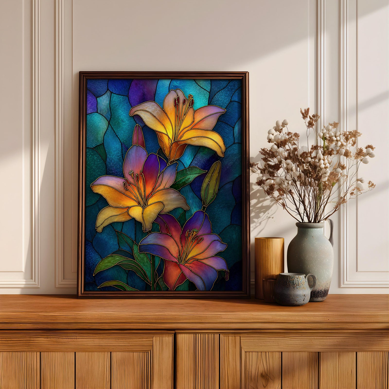 Lilies Wall Art Lily Flower Framed Canvas Stained Glass Mosaic Botanical Home Decor