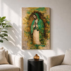 A textured religious artwork of Our Lady of Guadalupe depicted with hands in prayer, wearing a green star-covered mantle and surrounded by a radiant golden aura, set against a distressed abstract background with layered gold and earthy tones that enhance the sacred and iconic composition.