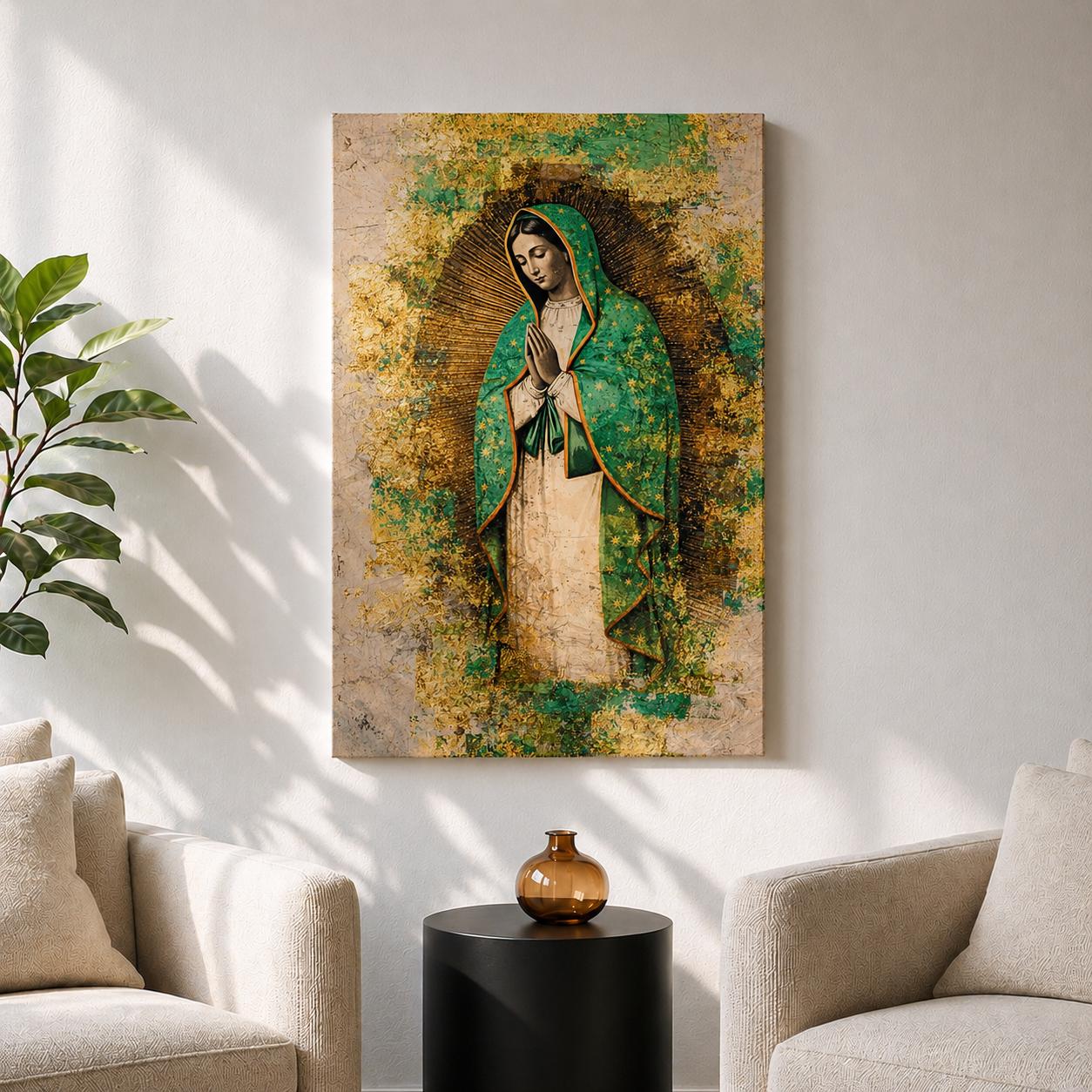 A textured religious artwork of Our Lady of Guadalupe depicted with hands in prayer, wearing a green star-covered mantle and surrounded by a radiant golden aura, set against a distressed abstract background with layered gold and earthy tones that enhance the sacred and iconic composition.