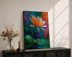 A vibrant impasto painting of a single lotus flower with orange and white petals standing tall above green lily pads on a pond, set against a richly textured background of deep blues, purples, and oranges, emphasizing bold brush strokes and thick paint layers.