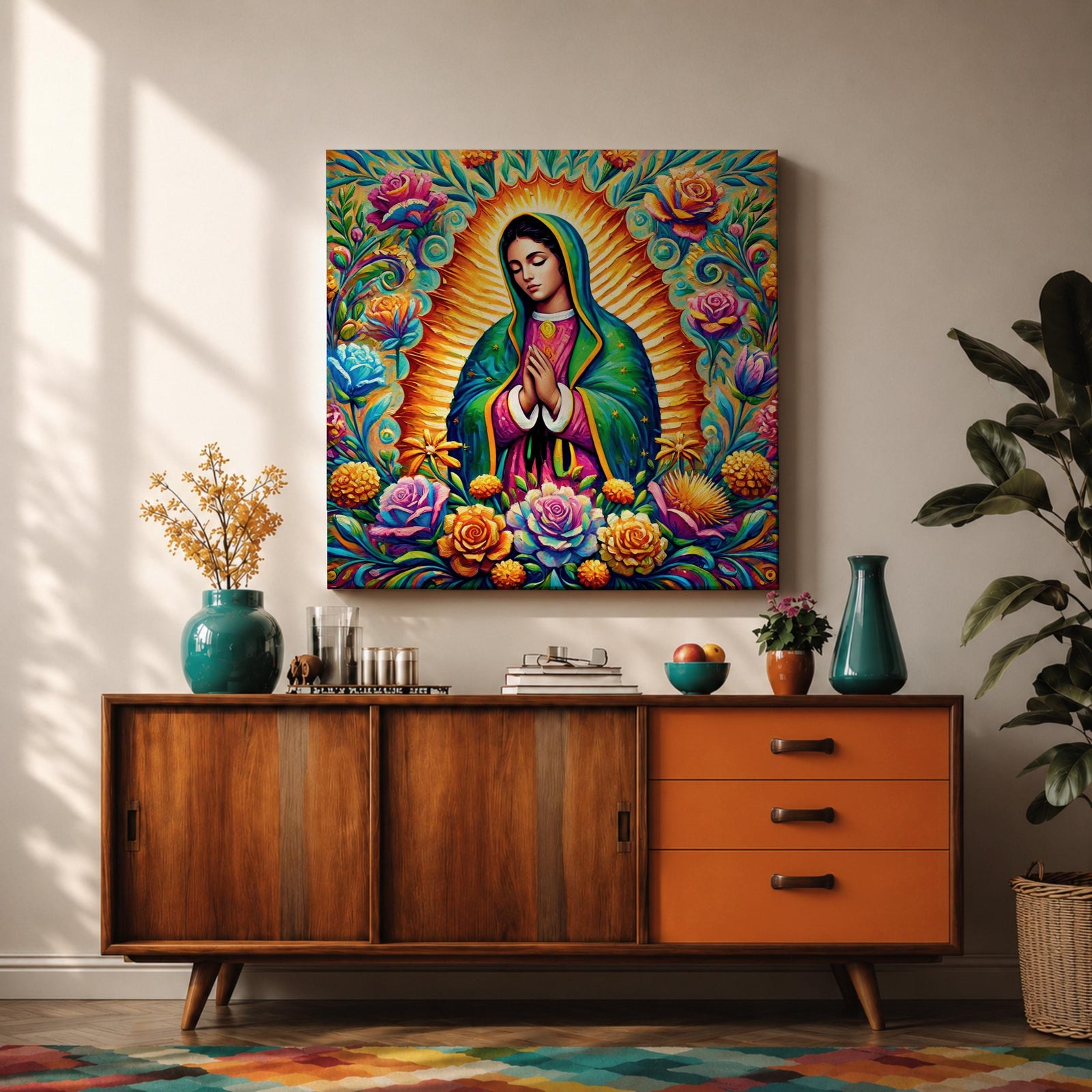 Our Lady of Guadalupe Wall Art Virgencita Framed Canvas Mexican Catholic Home Decor