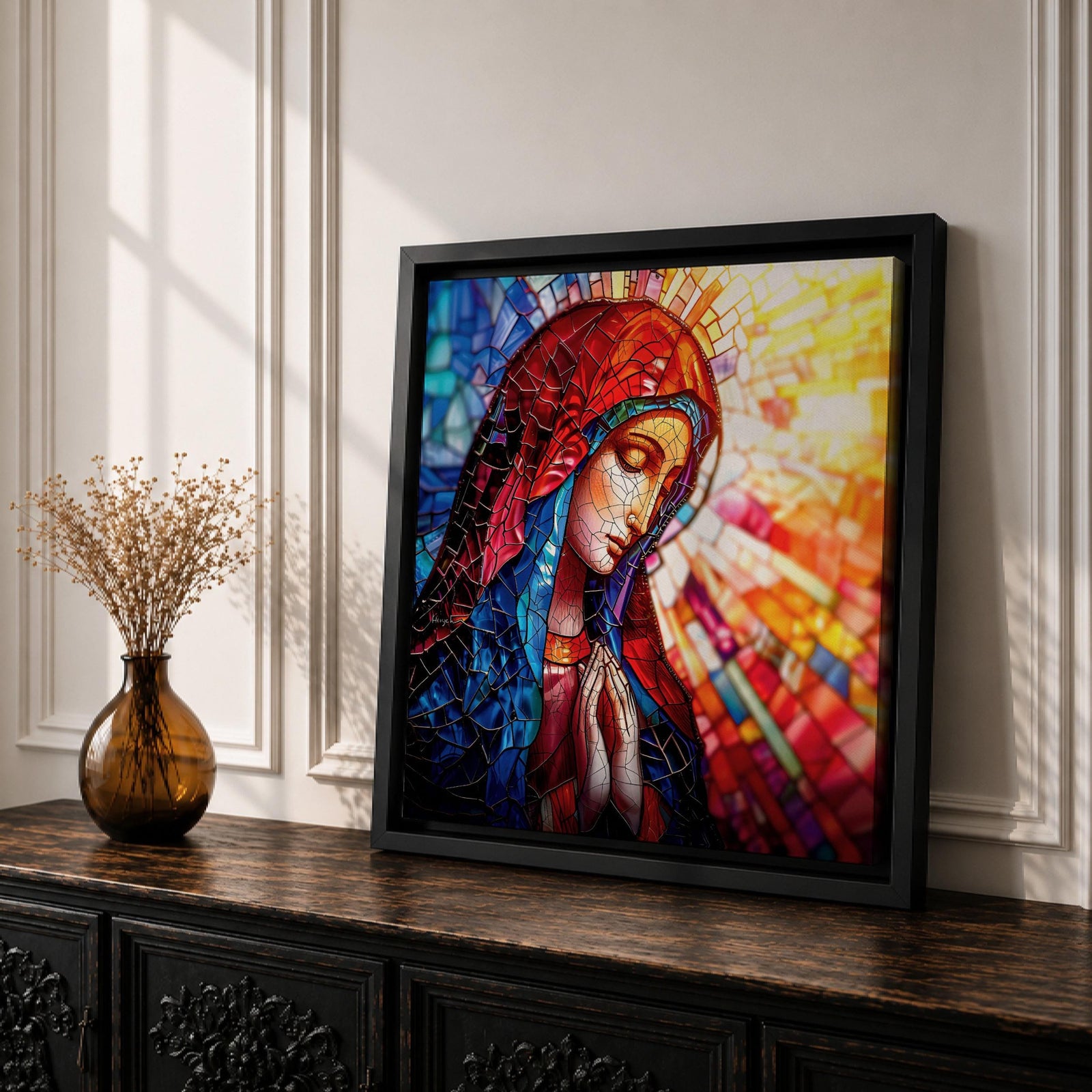 Virgin Mary Wall Art Madonna Framed Canvas Stained Glass Catholic Home Decor