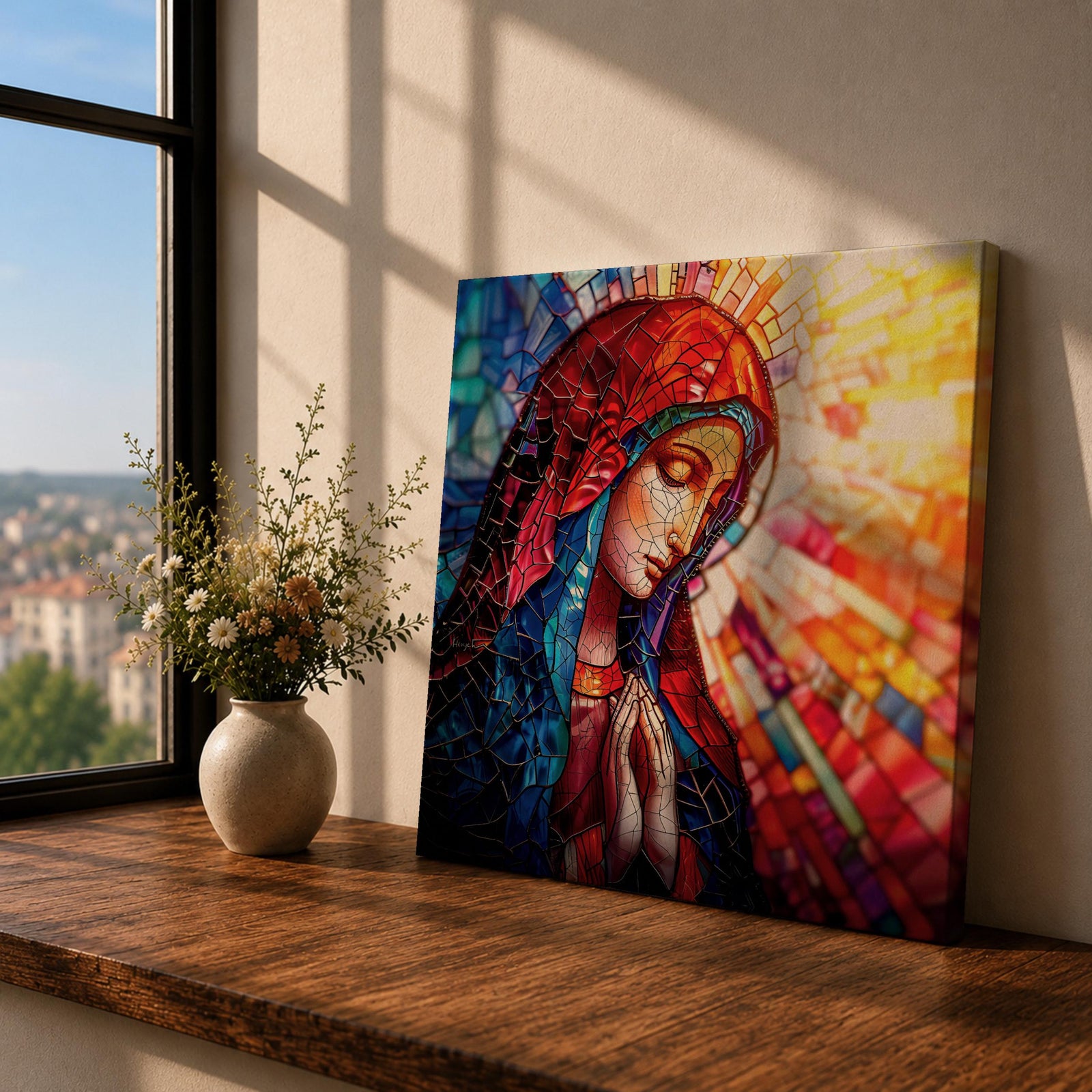 Virgin Mary Wall Art Madonna Framed Canvas Stained Glass Catholic Home Decor