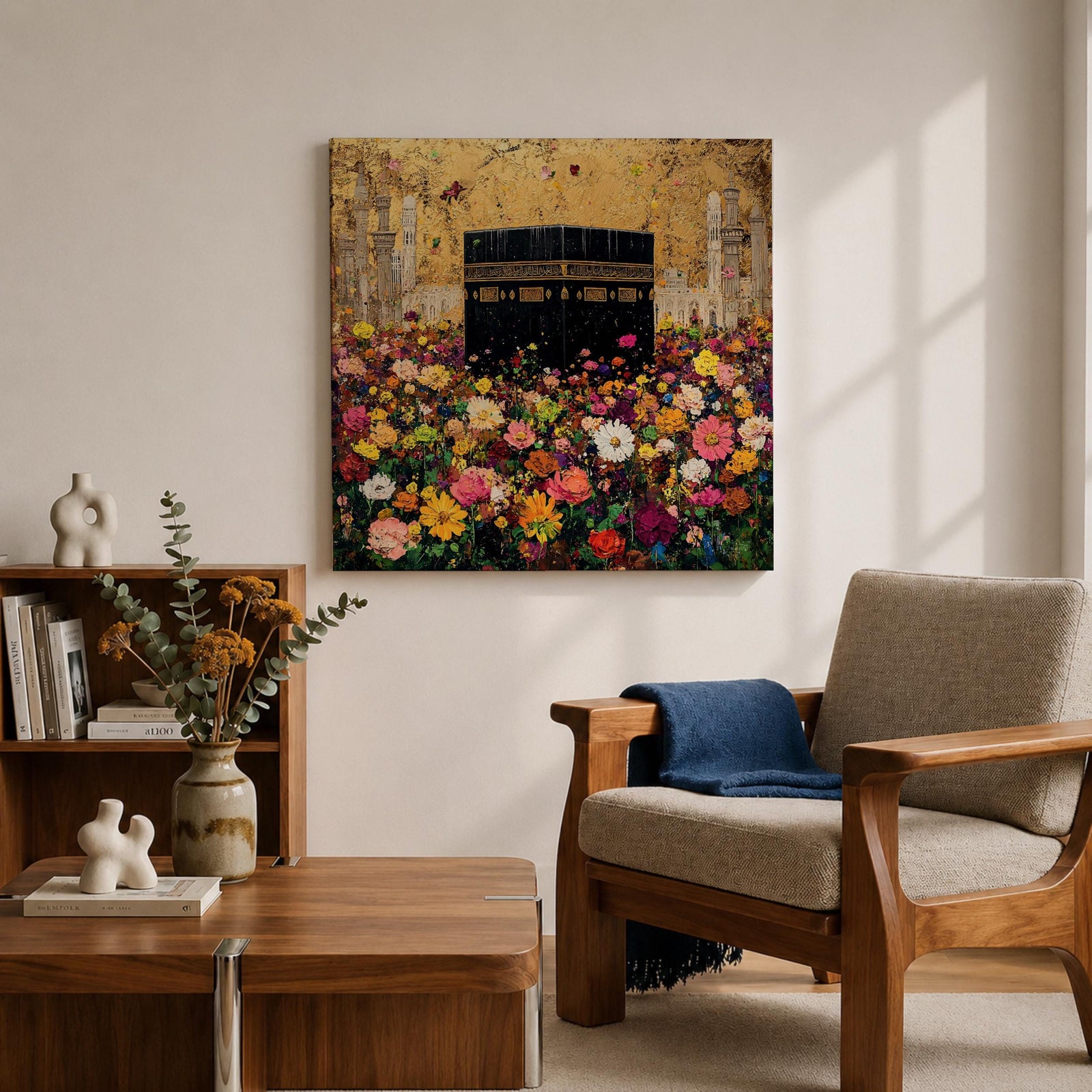 Kaaba Wall Art Floral Field Framed Canvas Masjid al Haram Hajj Umrah Islamic Decor