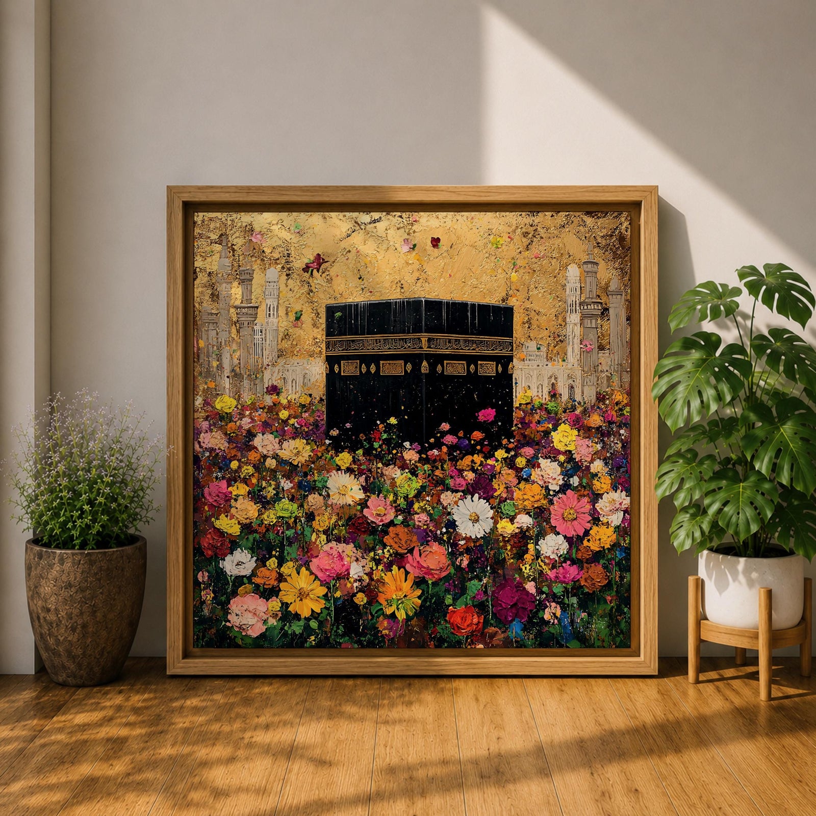 Kaaba Wall Art Floral Field Framed Canvas Masjid al Haram Hajj Umrah Islamic Decor