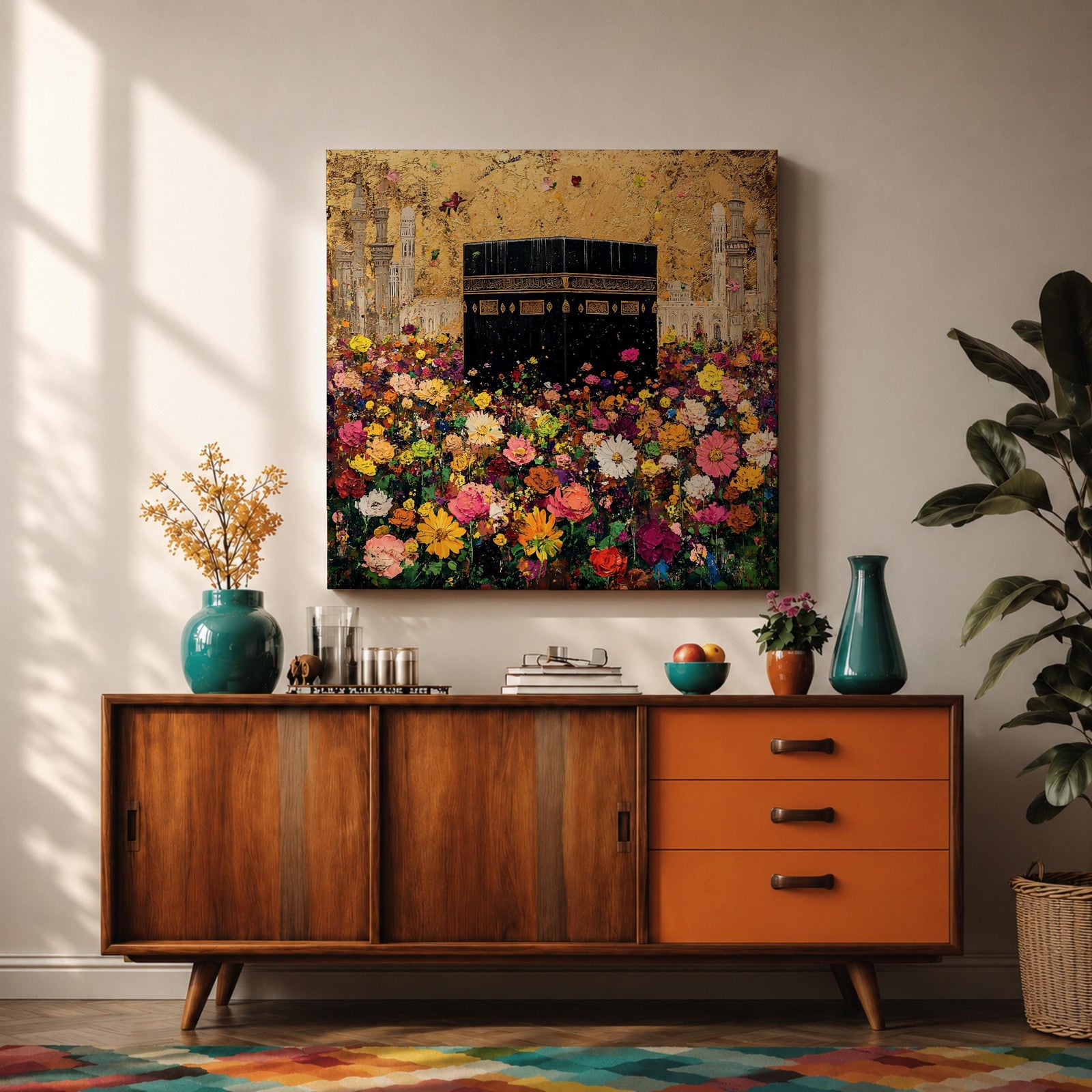 Kaaba Wall Art Floral Field Framed Canvas Masjid al Haram Hajj Umrah Islamic Decor