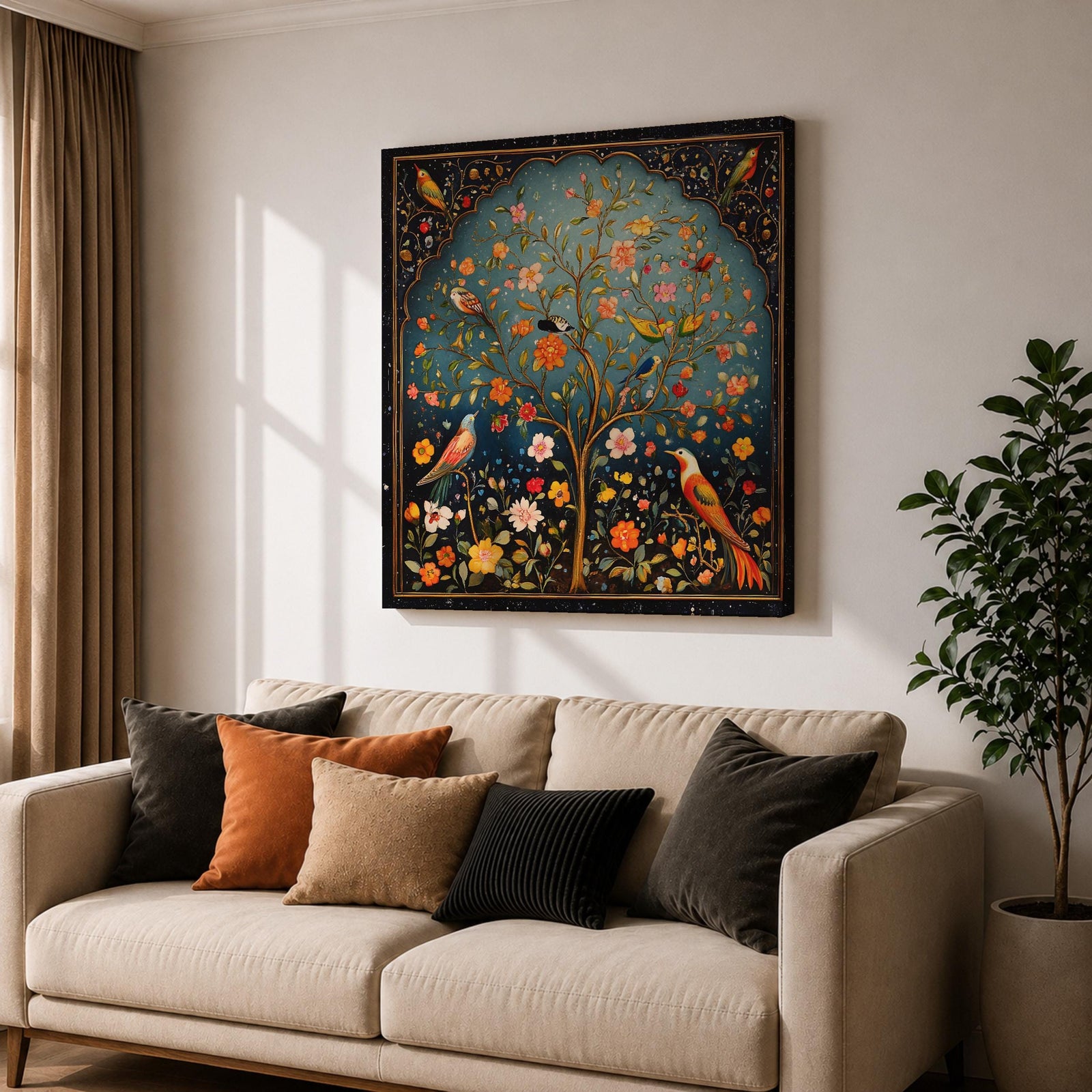 Persian Tree Wall Art Birds Garden Framed Canvas Persian Botanical Islamic Home Decor