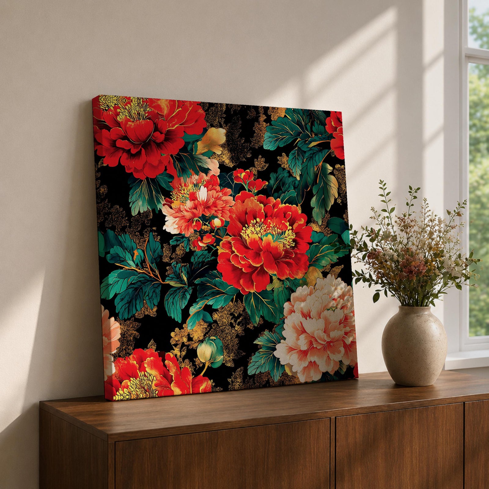 Peony Wall Art Flower Bouquet Framed Canvas Dark Floral Botanical Boho Home Decor